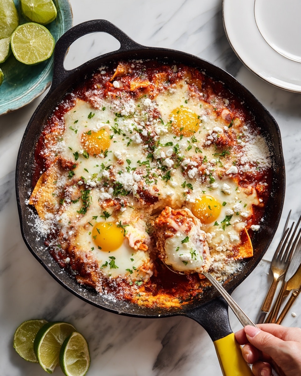 In a black pan filled with a layered dish, the bottom layer consists of broken pieces of orange tortilla chips mixed with a rich red sauce. On top, melted white cheese spreads unevenly, showing some spots that are more browned and bubbly. Three cooked yellow egg yolks sit visibly within the cheese layer. The dish is sprinkled with small green chopped herbs and a light dusting of white crumbs, likely cheese or seasoning. A woman's hand holds a yellow-handled spoon scooping up the mixture, revealing the layered texture. Around the pan, green lime wedges rest on a white marbled surface, with white and yellow-handled cutlery and white plates nearby. Photo taken with an iphone --ar 4:5 --v 7