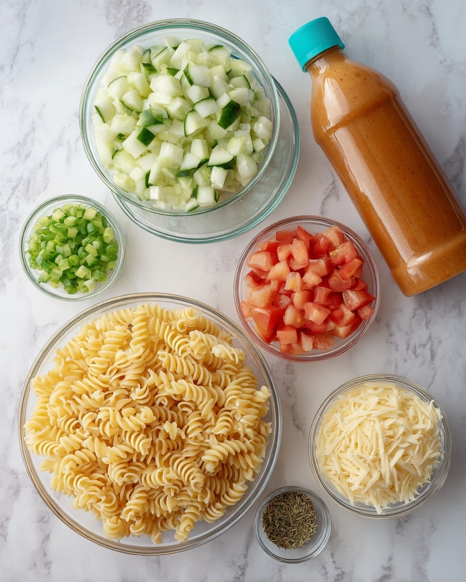 The image shows six clear glass bowls and one plastic bottle arranged on a white marbled surface. The largest bowl, located at the bottom left, is filled with uncooked spiral pasta in a pale yellow color. Above it to the left is a bowl filled with chopped cucumber, showing green skin and pale green inside. In the center at the top is a smaller bowl with chopped green onions, displaying shades of green and white. To the right of that is a plastic bottle of Italian dressing with an orange-brown liquid and a teal green cap lying on its side. Below the bottle is another clear bowl filled with diced tomatoes in different red hues. Near the center right is a transparent container with grated pale yellow cheese. Below that is a small clear bowl with dried herbs in green and brown tones. The setup is neat and visually balanced. photo taken with an iphone --ar 4:5 --v 7