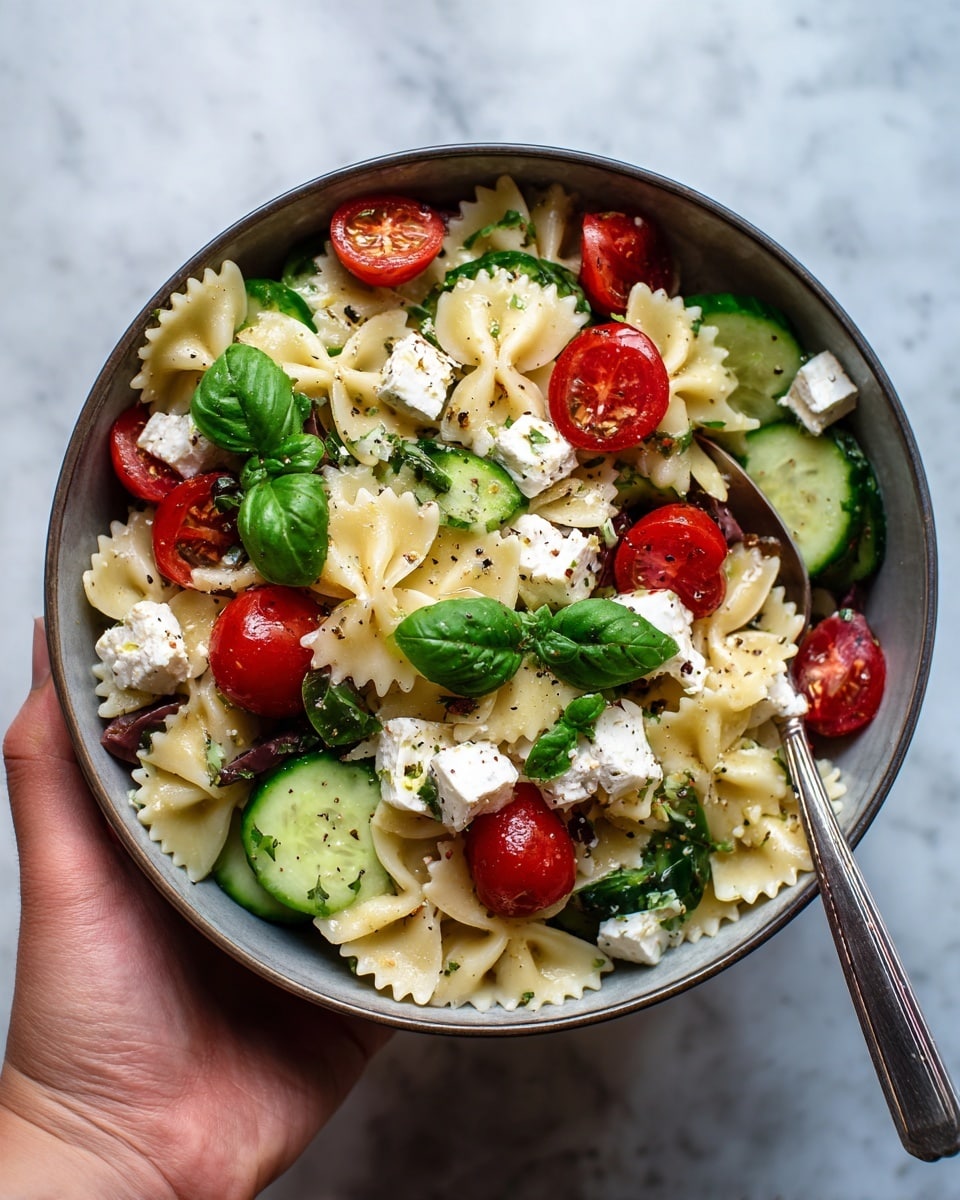A close-up of a metal bowl filled with a fresh pasta salad, showing three main layers: the bottom layer of pale yellow bowtie pasta, the middle layer of sliced green cucumbers and halved bright red cherry tomatoes, and an upper layer of white cheese cubes, small dark olive pieces, and fresh green basil leaves scattered on top. The ingredients have a light, glossy coating and specks of black pepper are visible throughout. The bowl is held by a woman's hand with a silver spoon partially in the salad, all placed on a white marbled surface photo taken with an iphone --ar 4:5 --v 7