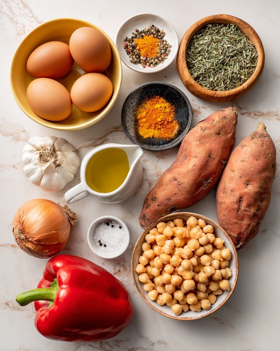 The image shows a collection of fresh ingredients arranged neatly on a white marbled surface. There are four brown eggs in a yellow bowl on the left, followed by a small round black bowl filled with golden yellow and red spices, a white small pitcher with a light liquid, a wooden bowl filled with dried green herbs, two whole sweet potatoes, a whole red onion, a small white bowl with a golden liquid (likely oil), a white bowl with salt and pepper, a bright red bell pepper, and a small wooden bowl filled with chickpeas in the center. Two garlic cloves are placed near the onion. Everything is placed with clear space around them, showing the different colors and textures of each ingredient distinctly. photo taken with an iphone --ar 4:5 --v 7