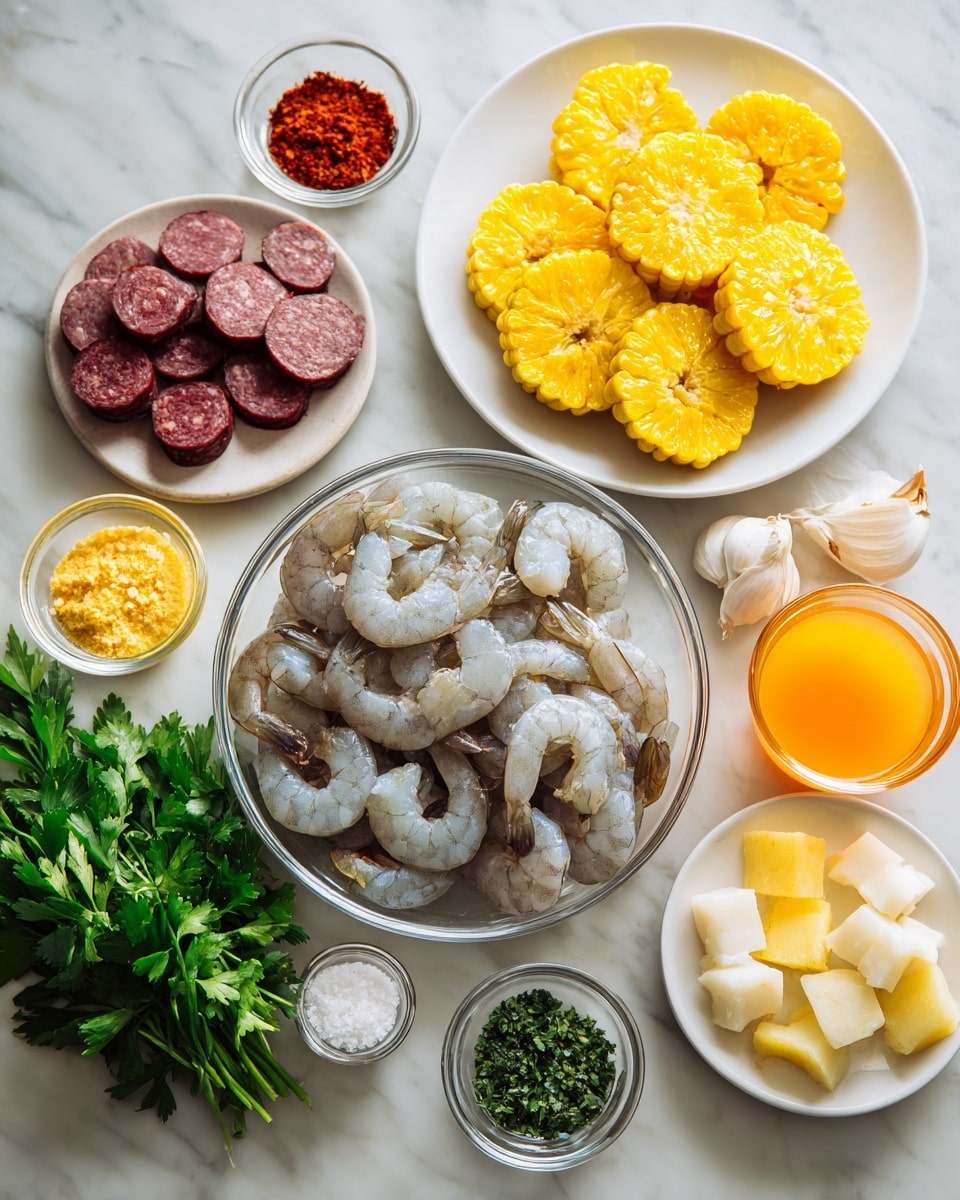 A flat white marbled surface holds a neatly arranged assortment of raw cooking ingredients centered around a clear glass bowl filled with raw gray shrimp with tails, layered in a small pile. Above the shrimp, a white plate carries bright yellow corn pieces cut into thick rounds. To the left, a white plate holds slices of dark reddish sausage. Around the shrimp bowl, smaller clear bowls contain fresh lemon wedges, a red spice mix with a coarse texture, peeled chopped garlic, small cubes of pale yellow butter, and a mix of red and yellow potato chunks. Additionally, there are two small clear glasses filled with orange and green liquids and a small white dish holding salt and pepper. Fresh green parsley with a leafy texture is seen at the bottom. The entire scene is brightly lit and clean. Photo taken with an iphone --ar 4:5 --v 7