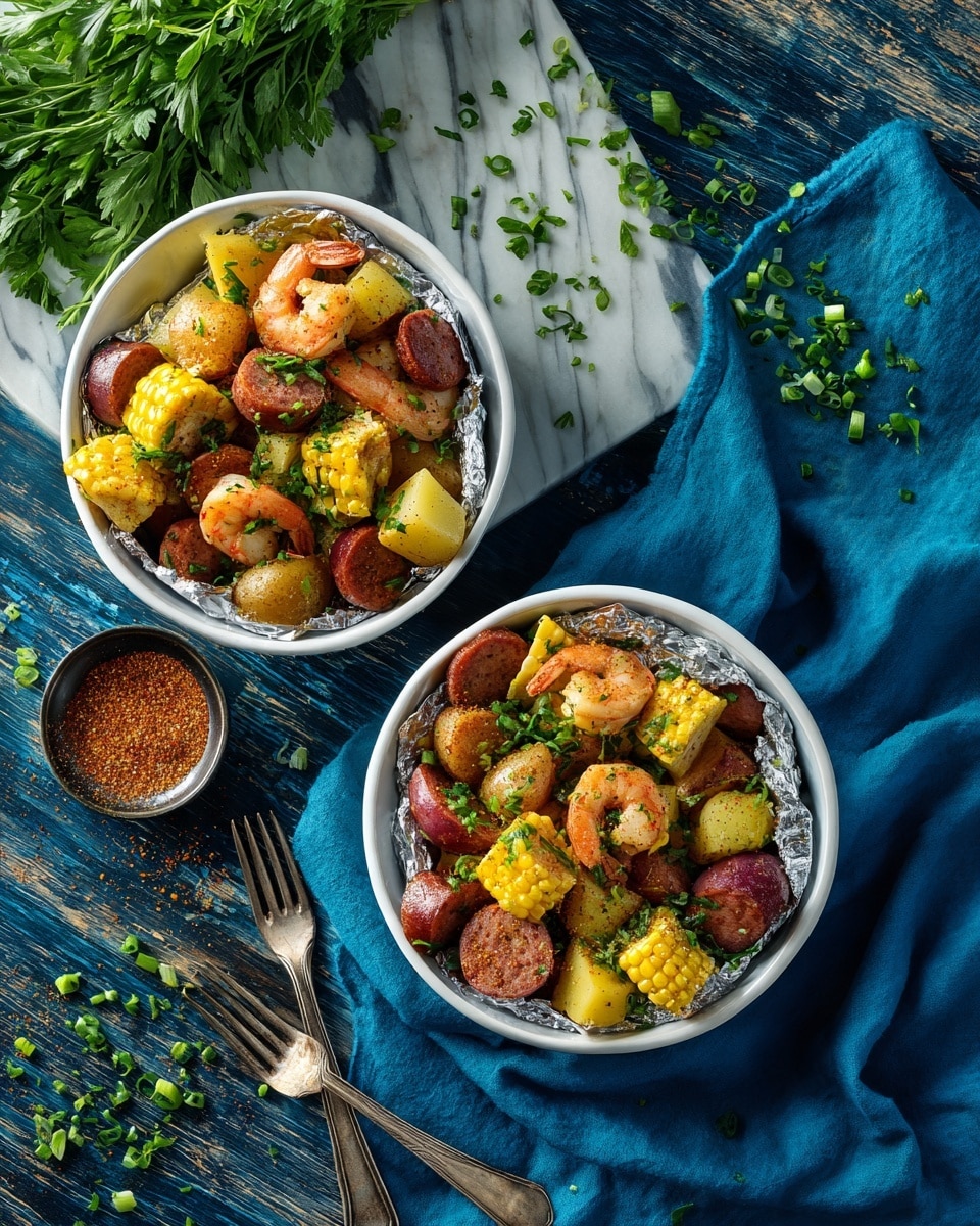 Two white bowls lined with crumpled aluminum foil are filled with a seafood boil mix that includes orange shrimp, bright yellow corn slices, small red potatoes, and pieces of sausage. The seafood and vegetables are mixed with green chopped herbs sprinkled on top. The bowls are placed on a dark wooden surface with scattered green herb pieces around. To the right, a vibrant blue cloth is softly draped, and two silver forks lie on the wooden surface near the bottom left. A small container of reddish seasoning powder is also partially visible near the forks. A bunch of fresh green herbs is placed behind the bowls on the white marbled surface. The photo was taken with an iphone --ar 4:5 --v 7