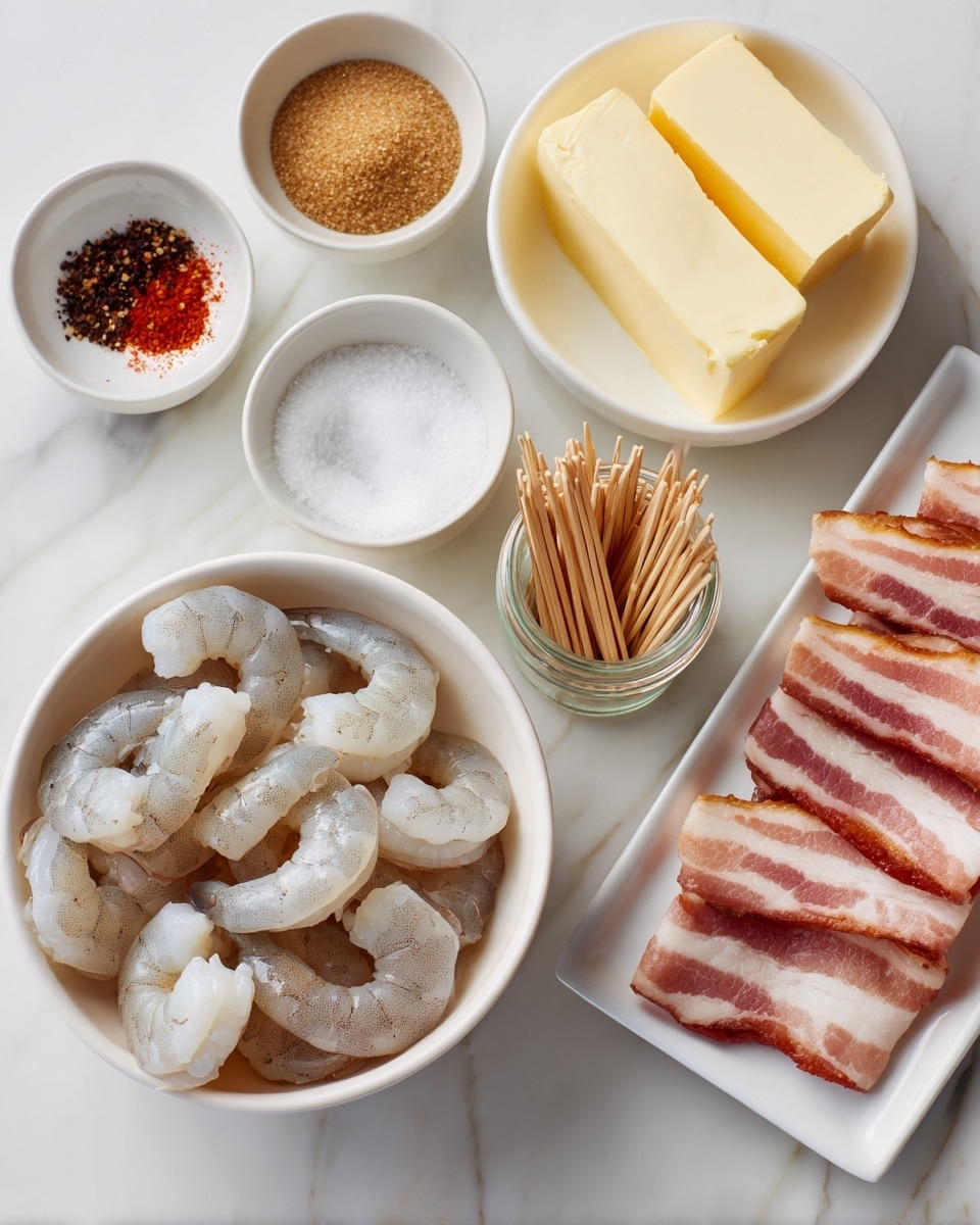 A white bowl is filled with raw shrimp, light gray and translucent with a slight curve, placed on a white marbled surface. Near it, a white bowl holds several thick sticks of pale yellow butter. Next to the butter, a small white bowl contains brown sugar in a coarse texture. Above, a white bowl with salt, black pepper, and red paprika is visible, arranged in separate sections. To the right, a white rectangular tray holds two neat stacks of thin, pink and white slices of bacon with visible fat layers. A small container filled with wooden toothpicks sits near the butter. Photo taken with an iphone --ar 4:5 --v 7