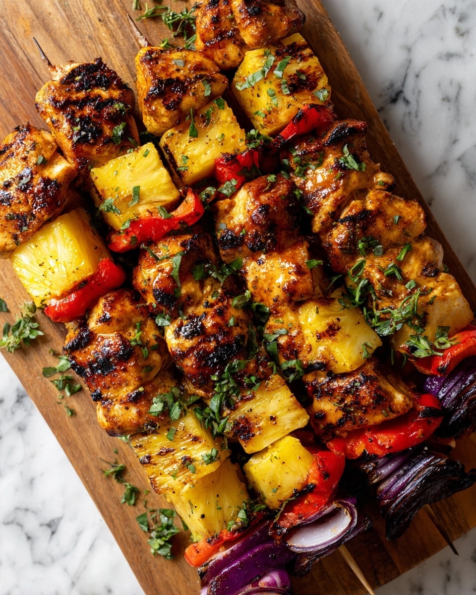The image shows several wooden skewers filled with grilled pieces of chicken, yellow pineapple chunks, red bell peppers, and purple onions, all arranged closely on a wooden board. The chicken pieces are golden brown with grill marks, and the pineapple looks slightly caramelized with a shiny texture. The vegetables are vibrant, with the red bell peppers bright and the onions slightly charred. Fresh green herbs are sprinkled on top, giving a fresh look. The background is a white marbled surface. Photo taken with an iphone --ar 4:5 --v 7