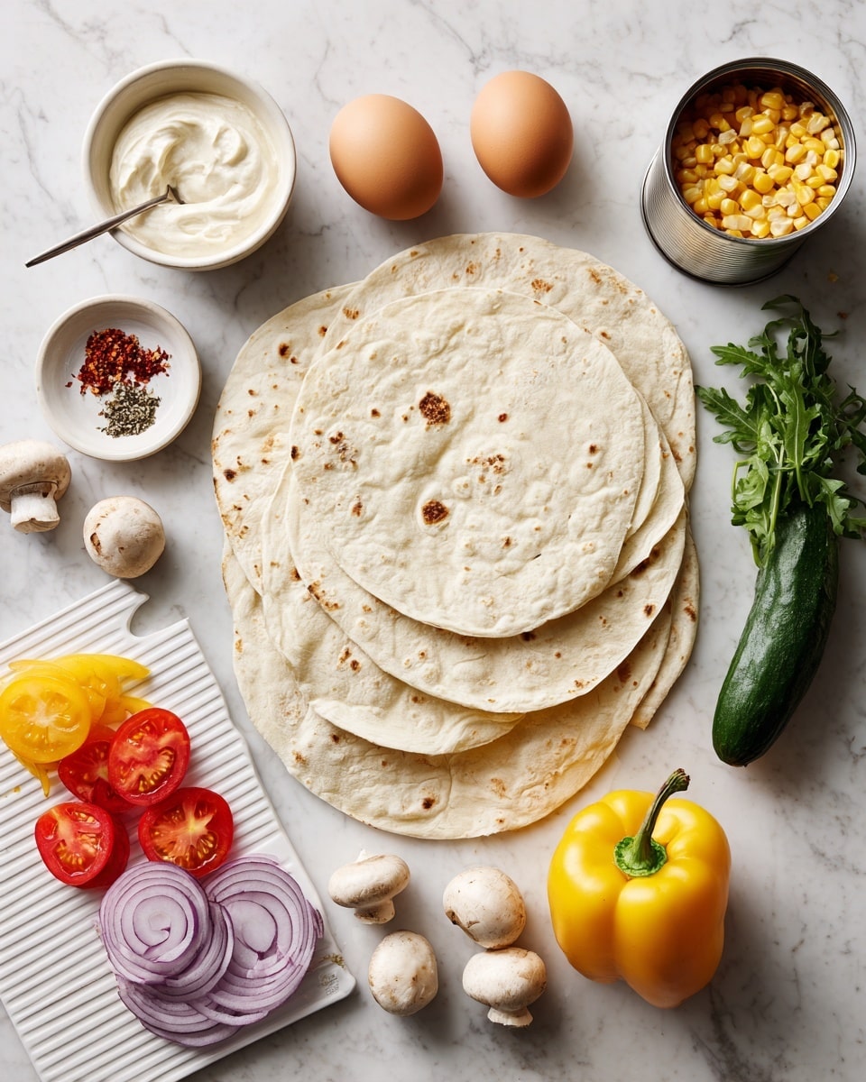 The image shows a white marbled surface with four soft, round tortillas stacked slightly overlapping in the center. Above the tortillas, three brown eggs rest side by side. To the top right, a small white bowl holds a creamy white sauce with a splash of red sauce and a spoon inside. Next to it, an open can filled with yellow corn kernels sits beside a small bunch of green leafy arugula. To the right of the tortillas, a whole green cucumber is placed vertically near a cluster of small white mushrooms. A bright yellow bell pepper with a green stem sits near the mushrooms at the bottom right. On the bottom left, there is a white cutting board with sliced red and yellow cherry tomatoes and thin rings of purple onion. Near the top left corner, a white ridged dish holds coarse black pepper and red chili flakes arranged in neat sections. The whole setup is clean and well-organized on the white marbled background. Photo taken with an iphone --ar 4:5 --v 7