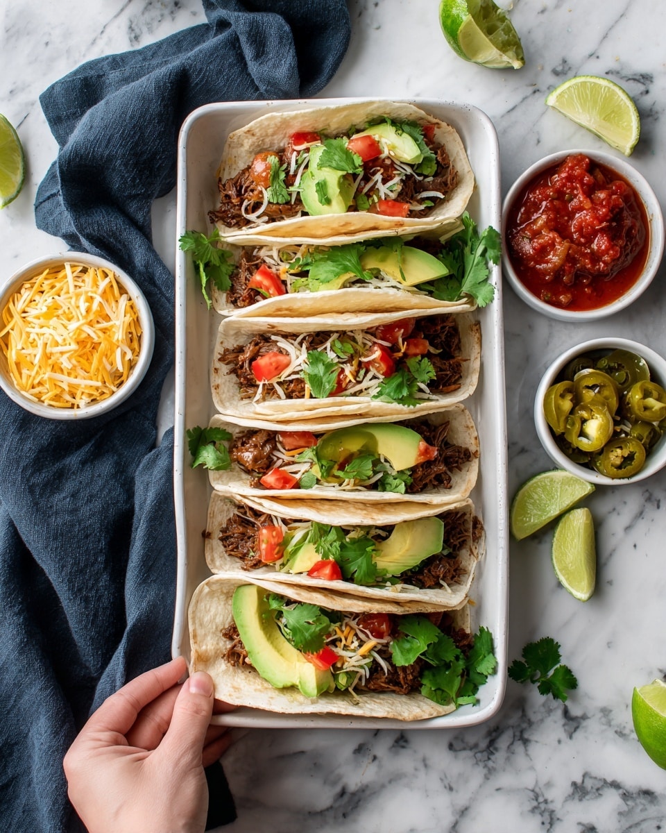 The image shows six soft tacos arranged on a white rectangular tray placed on a white marbled surface, each taco filled with layers starting with a soft tortilla base topped with dark brown pieces of cooked meat, bright green slices of avocado, red chopped tomatoes, and fresh green cilantro leaves. Around the tray, there are small white bowls filled with shredded yellow cheese, pickled green jalapeños, and chunky red salsa. There are lime wedges scattered around the tray, and a woman’s hand is holding one taco, ready to take a bite. A folded dark blue cloth napkin is placed on the left side near the tray. photo taken with an iphone --ar 4:5 --v 7