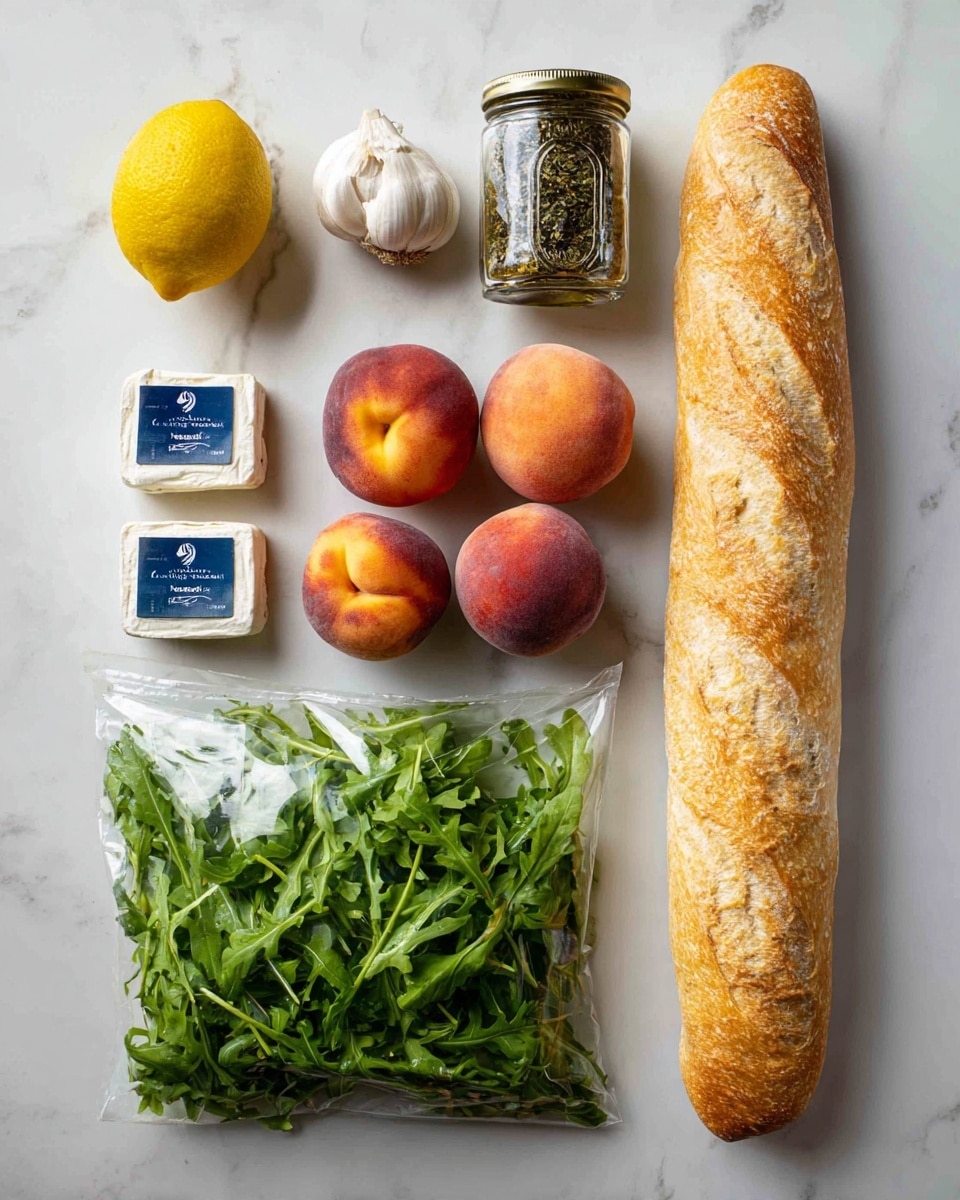 The image shows ingredients arranged neatly on a white marbled surface. From top to bottom and left to right, there is a bottle of olive oil, a lemon with bright yellow color, a jar of mixed herbs and spices, a small white garlic bulb, and three red and orange peaches with smooth skin. On the right side, there is a long loaf of golden brown bread with a light crust. Below these ingredients, there are two small white squares of cream cheese with blue labels and a clear plastic bag of fresh green leafy arugula. Photo taken with an iphone --ar 4:5 --v 7