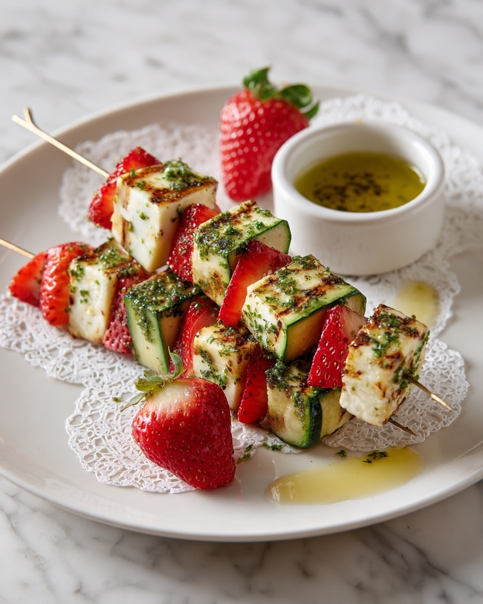 The dish shows three skewers placed on a round white plate with a delicate lace paper underneath. Each skewer has layers starting with a green zucchini slice, followed by bright red strawberries, white grilled cheese cubes sprinkled with green herbs, and more strawberries and zucchini slices alternate on the skewer. A small white bowl on the side holds a green herb oil dipping sauce. A golden olive oil drizzle spreads across the plate, mixing slightly with a red sauce. The plate rests on a white marbled surface. Photo taken with an iphone --ar 4:5 --v 7