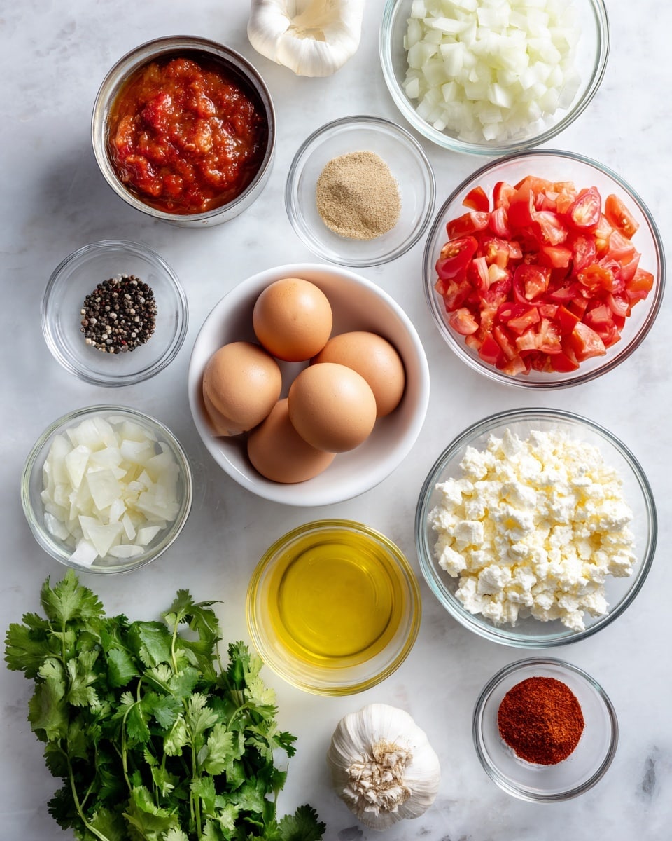 This image shows a top view of many small white bowls placed on a white marbled surface, each filled with different ingredients. There is a white bowl in the center with six brown eggs. Around it, there is a clear glass bowl with chopped white onions, another clear bowl with diced red tomatoes, a partially opened can with whole peeled red tomatoes, a small white bowl with black pepper, another small white bowl with a red powder, a tiny white bowl with a brownish spice, a clear bowl with a chunky red sauce, a small glass bowl with yellow oil, a pile of fresh green cilantro, a tiny clear bowl with minced garlic, and a white bowl with crumbly white cheese. The colors range from earthy browns and reds to fresh green and creamy whites, creating a neat and colorful layout with clear textures of spices, eggs, and vegetables. Photo taken with an iphone --ar 4:5 --v 7