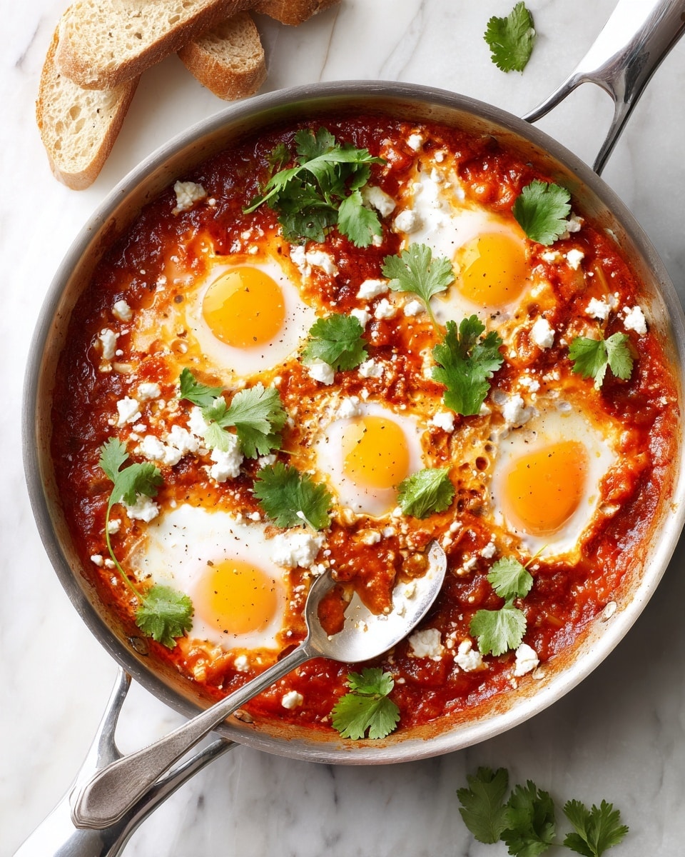 A round silver pan set on a white marbled surface holds a dish with six sunny-side-up eggs scattered evenly on top of a thick red tomato sauce. The sauce is chunky with visible pieces of tomato and has a rich, textured look. Around the eggs, there are small white crumbles of cheese and fresh green cilantro leaves spread out. A silver spoon rests inside the pan, touching the sauce and one egg. In the top left and bottom right corners, slices of light brown bread sit on the white marbled surface. photo taken with an iphone --ar 4:5 --v 7
