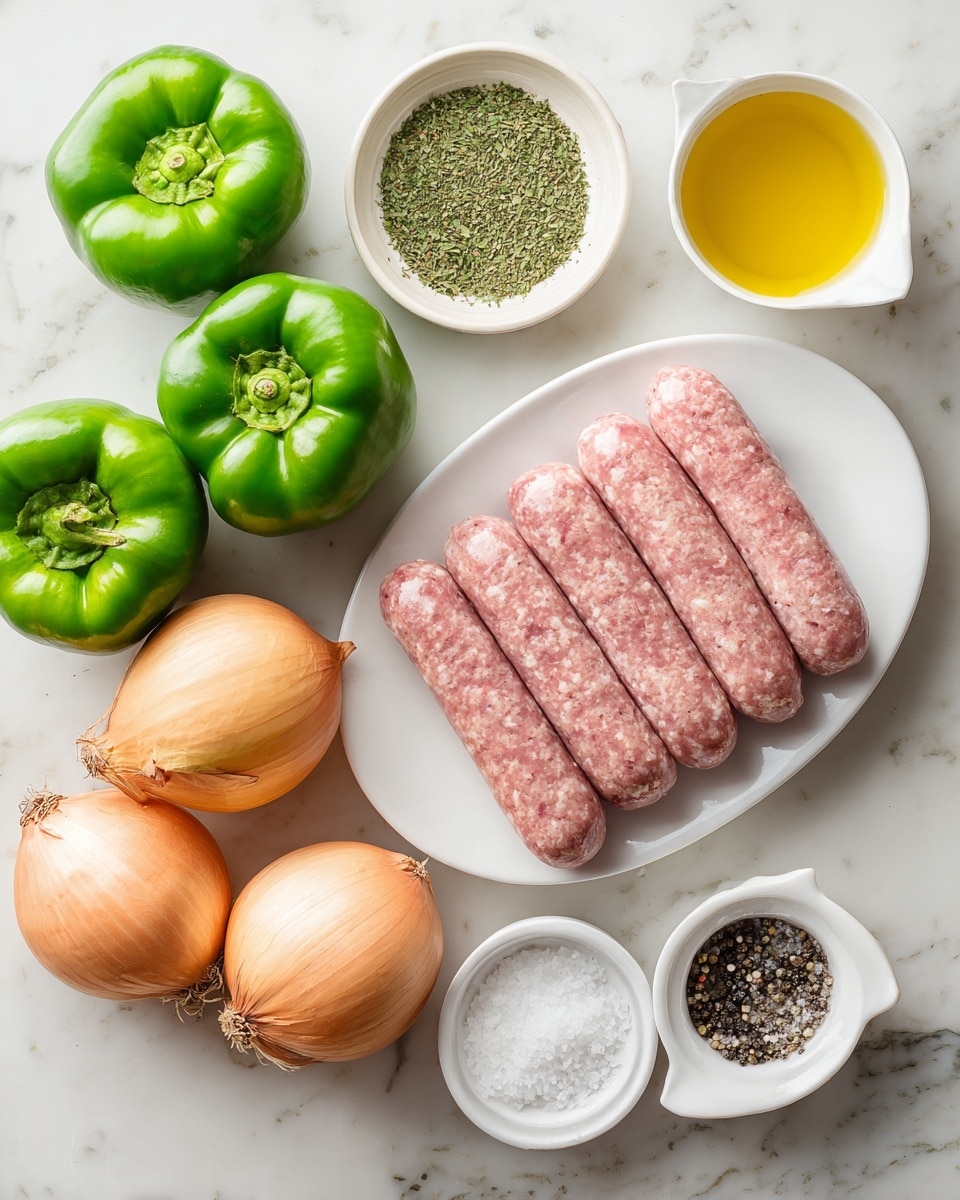 The image shows a white oval plate in the center holding eight raw pink sausage links arranged side by side in two neat rows. Around the plate are four green bell peppers with bright shiny skin and four brownish-yellow onions with papery outer layers, placed on a white marbled surface. Above the plate is a small white bowl filled with dry green and light yellow herbs, positioned next to a small white cup of golden yellow oil. Below the plate are two small white bowls, one containing coarse white salt with black specks and the other holding ground black pepper. The colors are fresh and natural, with the green peppers vibrant against the soft earth tones of the onions and sausages. photo taken with an iphone --ar 4:5 --v 7