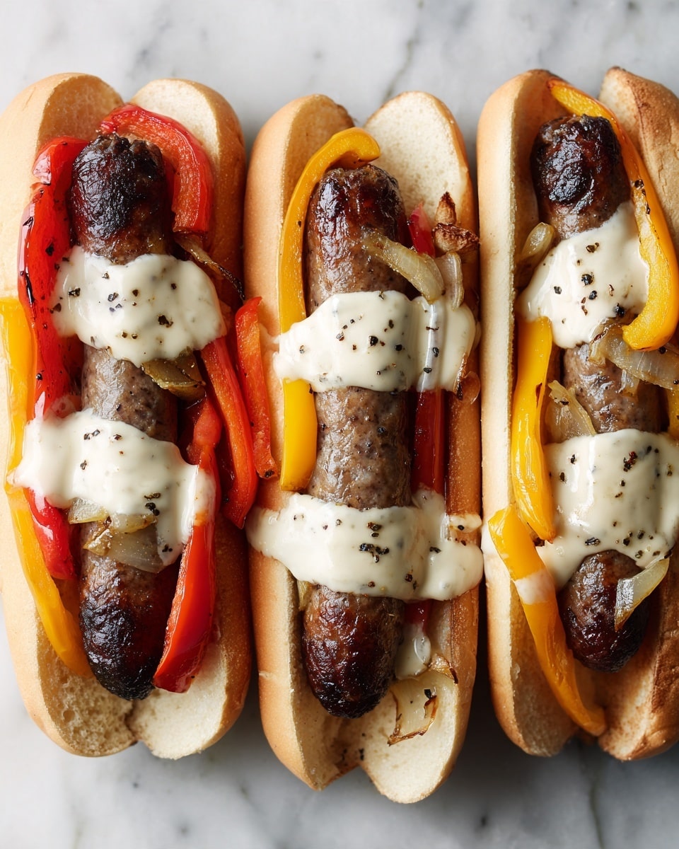 Three white hot dog buns, each holding a dark brown sausage, are layered with cooked red and yellow pepper strips and translucent cooked onions. A creamy white sauce is drizzled over the top, with small black pepper specks scattered on the sauce and vegetables. The sausages are nestled inside the buns, which are slightly toasted with a soft texture. The entire scene is set on a white marbled surface. photo taken with an iphone --ar 4:5 --v 7