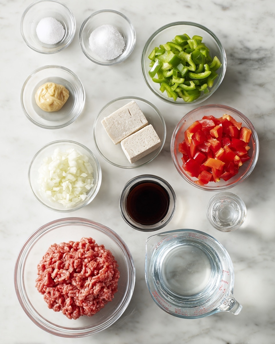 A collection of clear glass bowls and a measuring cup are arranged on a white marbled surface, each holding different cooking ingredients. Starting from the bottom left, a large glass bowl contains raw ground meat with a coarse texture and a pinkish-red color. To the right of this bowl, a small glass dish holds two light beige blocks of soft textured substance. Above it, there are two tiny glass dishes—the one on the left has a yellowish paste and the one on the right contains finely minced white garlic. Above these, a small glass bowl is filled with bright red diced tomatoes, and next to it is a bowl of chopped green bell peppers with a shiny, fresh look. At the top left, two small dishes hold white salt and black pepper, while a tiny bowl below them contains a dark brown liquid, likely soy sauce. To the right of that, a clear glass measuring cup is filled with water. All containers are clear and set neatly, showing each ingredient's distinct color and texture. Photo taken with an iphone --ar 4:5 --v 7