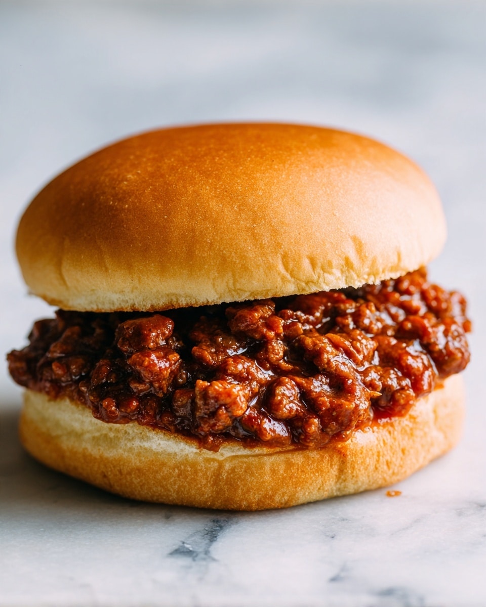 This image shows a close-up of a sloppy joe sandwich with two layers: a soft, light brown sandwich bun on top and bottom, and a thick middle layer of chunky, dark brown meat sauce that looks moist and rich, spilling slightly over the sides of the bun onto a white marbled surface. The meat sauce has visible pieces of meat mixed with sauce, giving it a textured, hearty look. The top bun is rounded and smooth, while the bottom bun sits flat, holding the filling firmly. Photo taken with an iphone --ar 4:5 --v 7