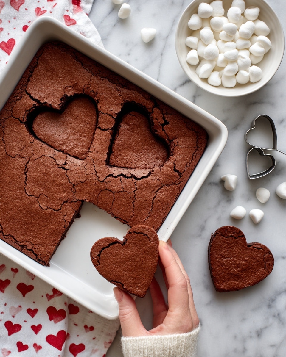 A white baking tray filled with a smooth, cracked chocolate brownie layer, with two heart shapes cut out near the top left corner. The removed heart-shaped brownie pieces rest nearby on the white marbled surface. Next to the tray, there is a small white bowl filled with white round candies and two silver heart-shaped cookie cutters. A white cloth with small red hearts is partially visible on the left side. A woman's hand holds one of the heart-shaped brownies, lifting it from the tray. photo taken with an iphone --ar 4:5 --v 7