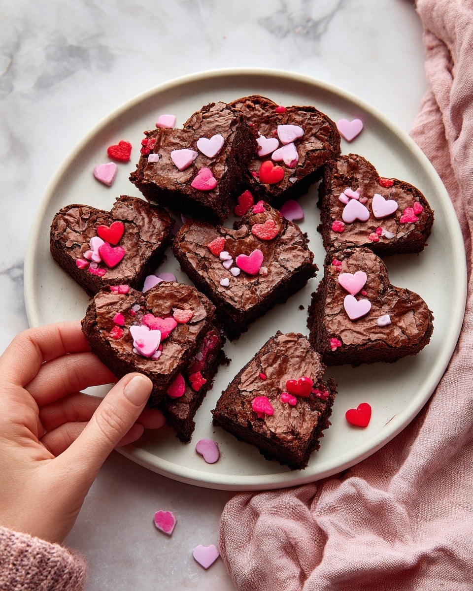 The image shows a white round plate on a white marbled surface, filled with heart-shaped chocolate brownies. The brownies are rich dark brown with a cracked top texture and are dotted with pink and red candy pieces that add color and variation. Some heart shapes are whole, while others are cut into smaller pieces. A woman’s hand is reaching from the side, holding a small heart-shaped brownie. There is a soft pink cloth partly visible on the right side, adding a cozy touch. The scene is bright and warm, with clear focus on the textures of the brownies and the colorful candy bits. photo taken with an iphone --ar 4:5 --v 7
