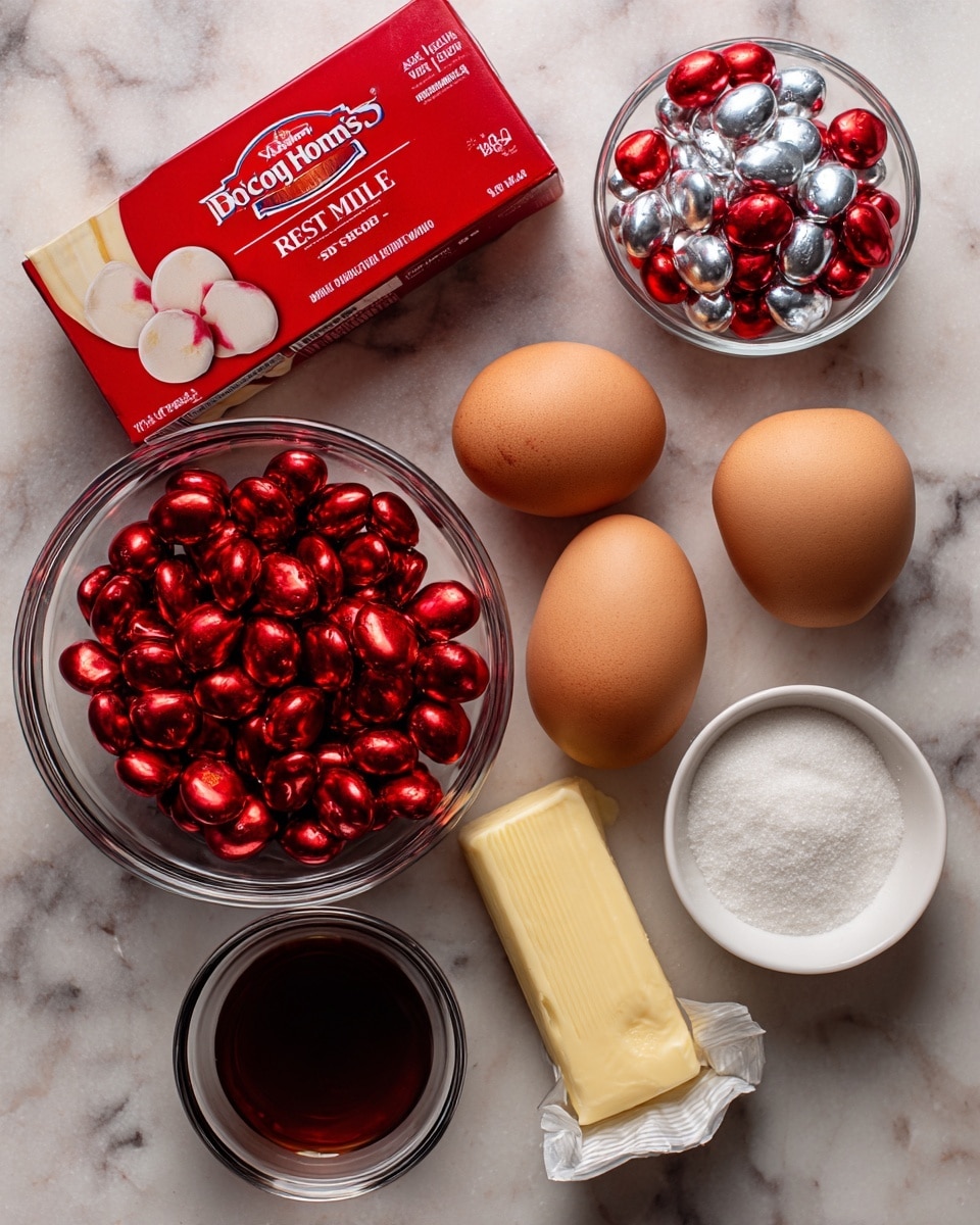 The image shows ingredients for a red velvet cake arranged on a white marbled surface. There is a box of Duncan Hines Perfectly Moist Red Velvet cake mix in the upper left corner. To the right of the box is a clear glass bowl filled with small shiny red foil-wrapped candies and silver foil-wrapped candies mixed with some white and red round candies. Below the bowl are two brown eggs placed side by side. Next to the eggs on the right is a stick of butter still in its paper wrapper. Below the eggs and butter is a small glass bowl with dark liquid, likely vanilla extract, and next to it on the right is a small white bowl filled with sugar. photo taken with an iphone --ar 4:5 --v 7