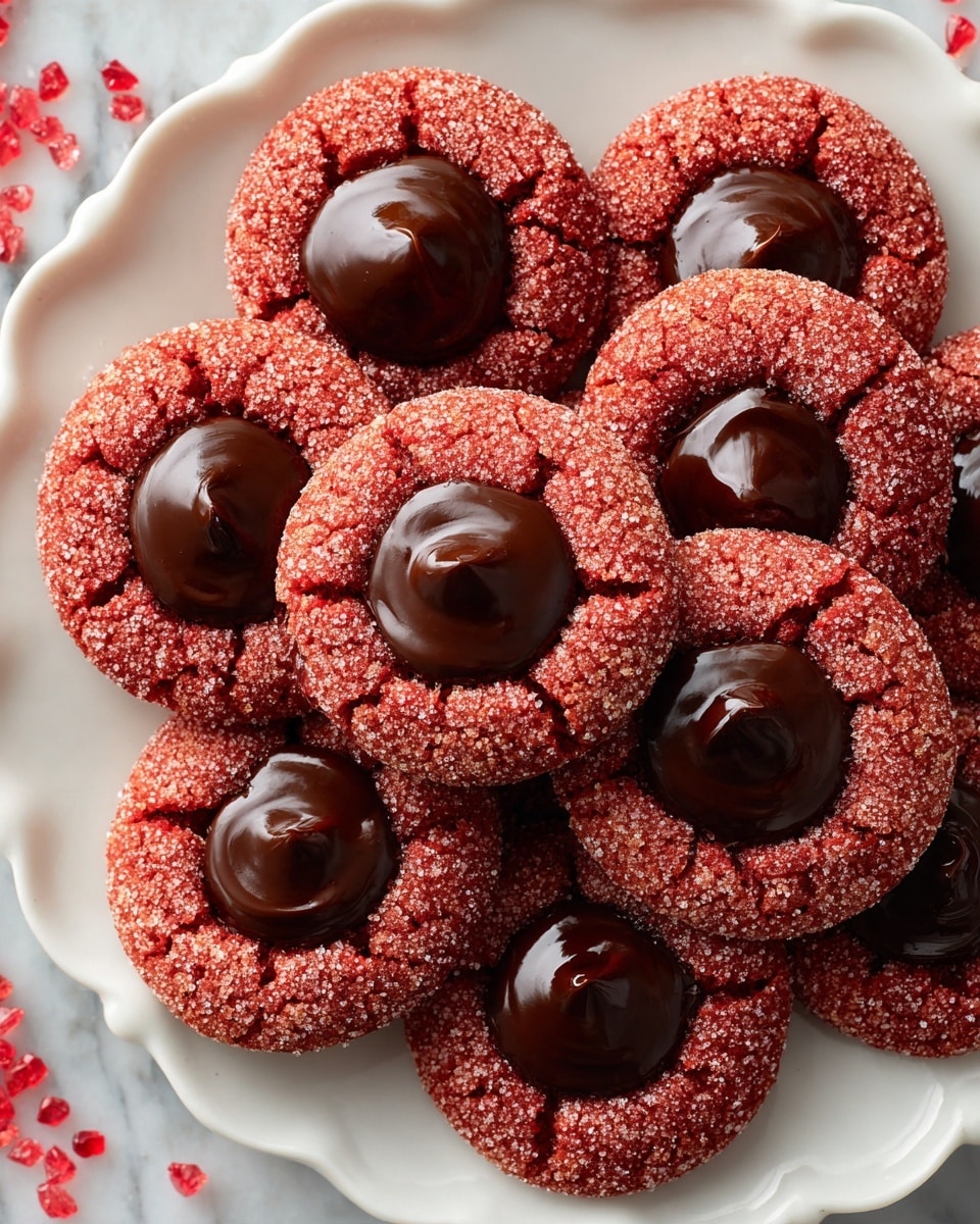 The image shows a plate of red thumbprint cookies with a single large smooth dollop of dark brown chocolate in the center of each cookie. The cookies have a rough sugary texture on the outside and small cracks visible on their surface. The cookies are round and arranged closely together on a white scalloped plate, sitting on a white marbled surface with some red sugar crystals scattered around. photo taken with an iphone --ar 4:5 --v 7