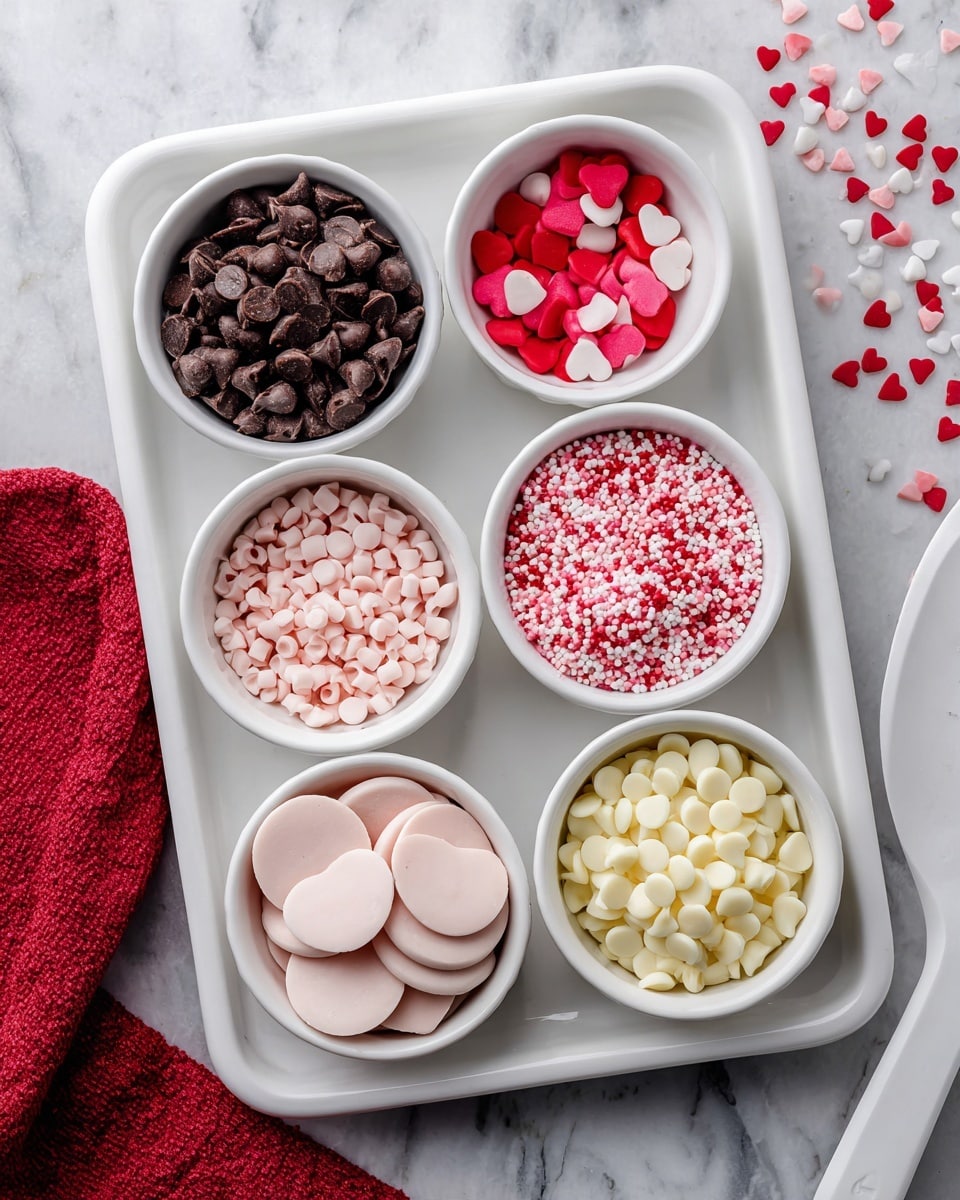 The image shows a white tray with five white bowls arranged on it. Starting from the upper left corner, the first bowl holds dark brown chocolate chips. To the right of that, a small bowl contains red and pink heart-shaped sprinkles. Next to it, on the top right, is a bowl filled with tiny, light pink cylindrical sprinkles. On the bottom left corner, a bowl is full of large, flat, light pink chocolate discs, and finally, on the bottom right, a bowl holds small white chocolate chips. The tray is on a white marbled surface with a red cloth on the left side and a white spatula on the lower right area. Photo taken with an iphone --ar 4:5 --v 7