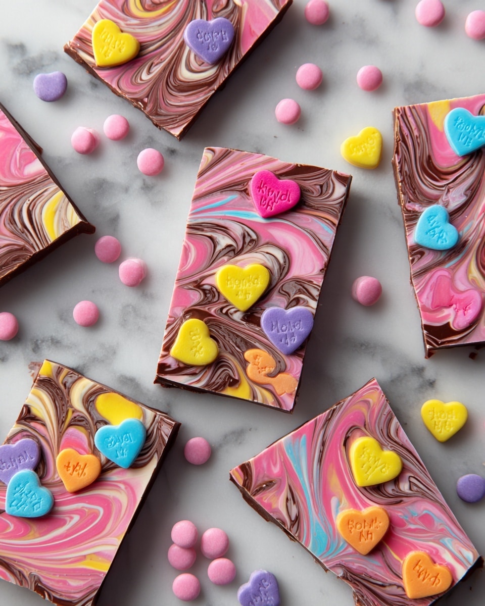 The image shows multiple pieces of chocolate bark with a pink icing layer on top, scattered in various angles across a white marbled surface. Each piece has swirls of dark chocolate on the pink icing, creating a marbled effect. On top of the bark, there are colorful heart-shaped candy decorations in pastel colors like yellow, blue, orange, pink, and purple, each with short messages written on them. Small round pink candies are also sprinkled generously around and on the chocolate bark pieces. The overall look is festive and bright. Photo taken with an iphone --ar 4:5 --v 7