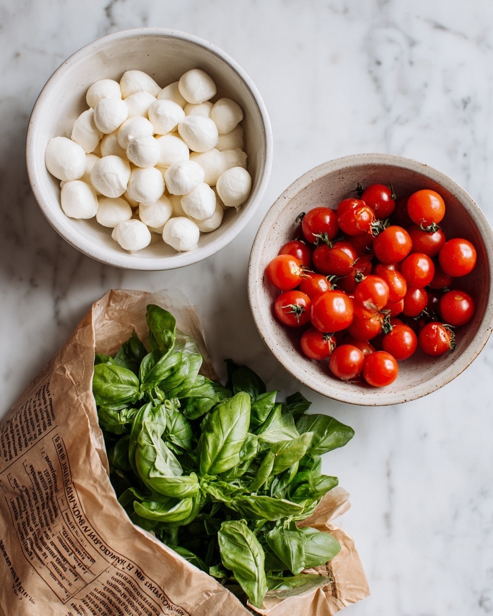 The image shows three items placed on a white marbled surface: a white bowl filled with small white mozzarella balls positioned at the top right, another white bowl filled with bright red cherry tomatoes at the bottom right, and on the left, a bunch of fresh green basil leaves wrapped in brown paper with text on it. The colors are vibrant with the smooth white mozzarella, shiny red tomatoes, and lush green basil creating a fresh and natural look. Photo taken with an iphone --ar 4:5 --v 7