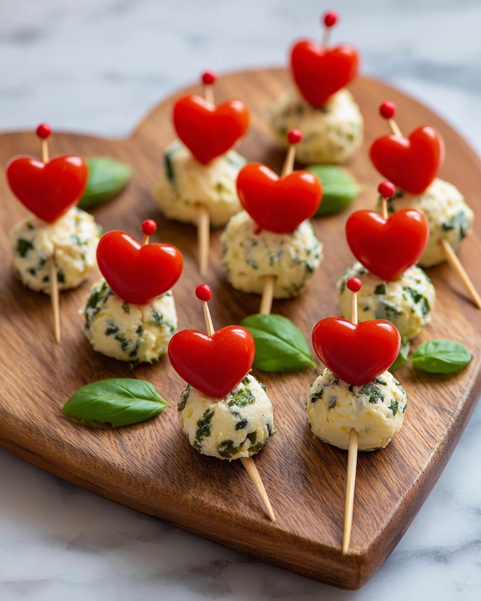 The image shows a heart-shaped wooden board placed on a white marbled surface. On the board, there are several small skewers arranged neatly in rows. Each skewer has alternating layers: a small white cheese ball with green and red herb bits, a bright red heart-shaped tomato piece, and another cheese ball. Green basil leaves are scattered around the skewers to add color. The cheese balls have a smooth texture with visible small herb pieces, and the tomato hearts are shiny and smooth. The skewers end with small red or white bead-like tips. Photo taken with an iphone --ar 4:5 --v 7