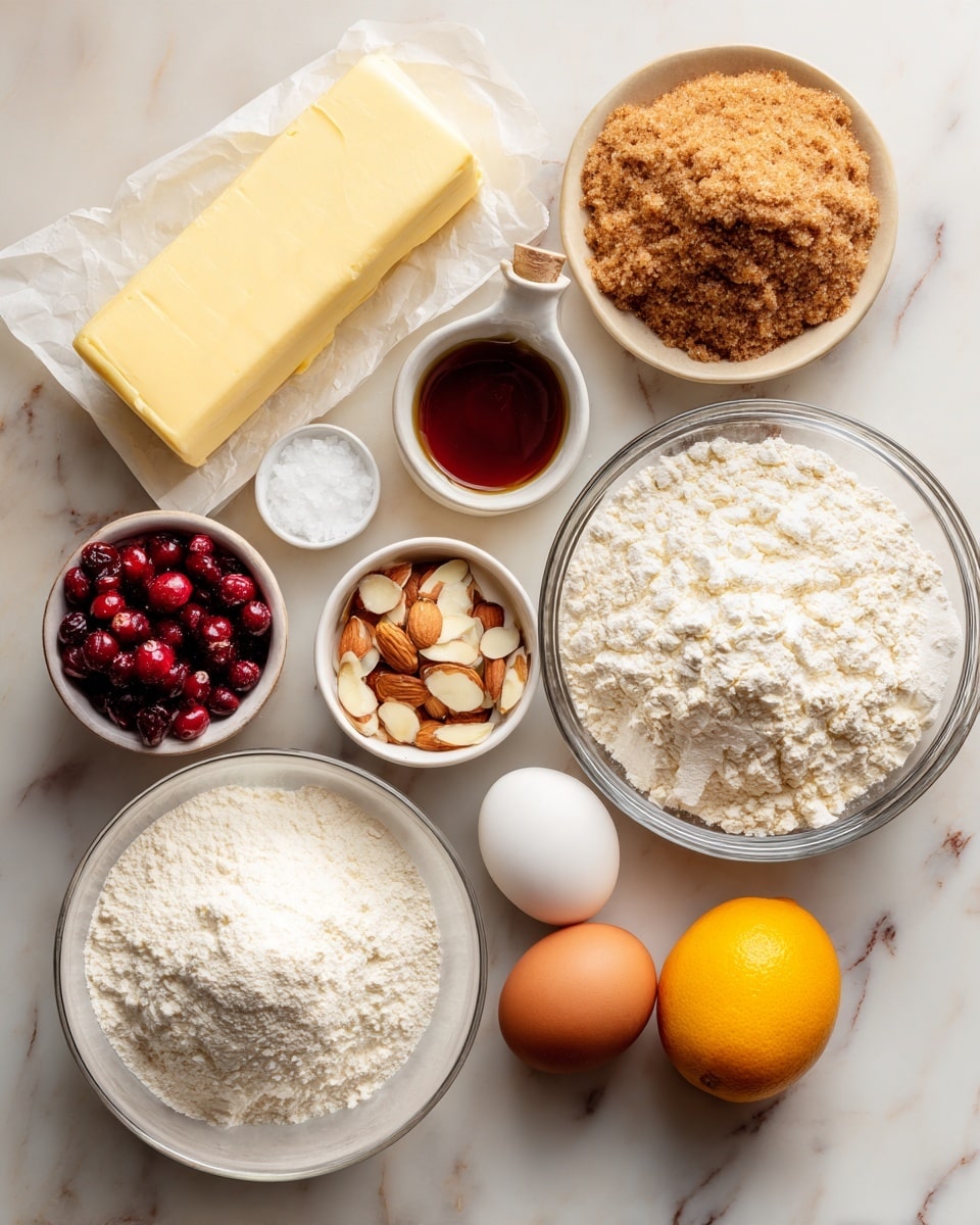 A collection of baking ingredients arranged on a white marbled surface includes a block of butter wrapped in paper, a mound of brown sugar in a small bowl, a bottle of vanilla extract, a large glass bowl filled with white flour, a small container of salt, a small bowl with red cranberries, a small bowl with sliced almonds, one egg, and an orange. The items are neatly placed to show the raw materials before baking. photo taken with an iphone --ar 4:5 --v 7