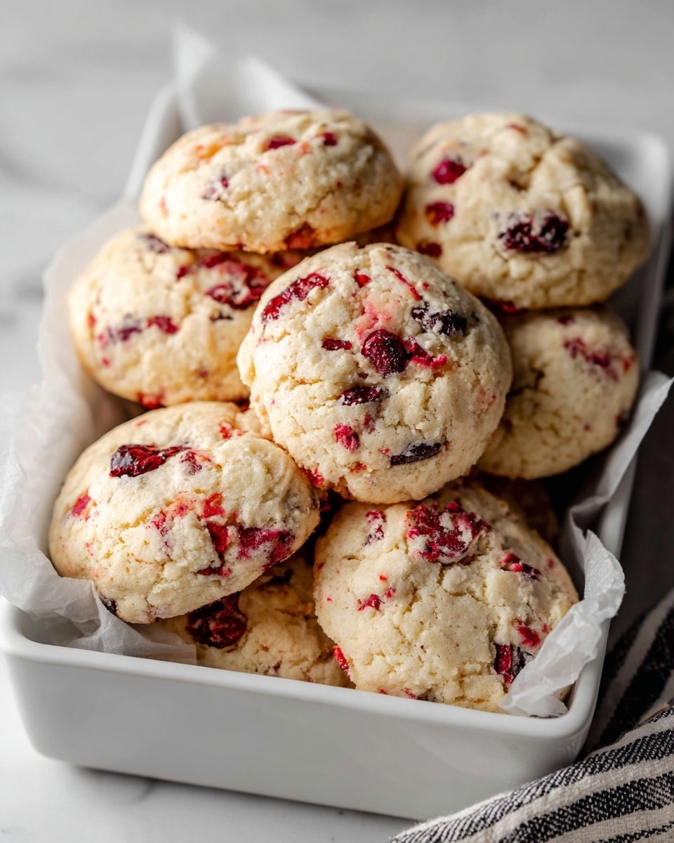 A group of soft, round cookies piled in a white rectangular dish lined with white parchment paper. Each cookie has a light golden base with visible red and dark red berry pieces embedded throughout, creating textured patches of red on the pale dough. The cookies are thick with uneven, slightly bumpy surfaces dotted with juicy berry bits. The dish sits on a white marbled surface with a striped cloth nearby on the right edge. Photo taken with an iphone --ar 4:5 --v 7