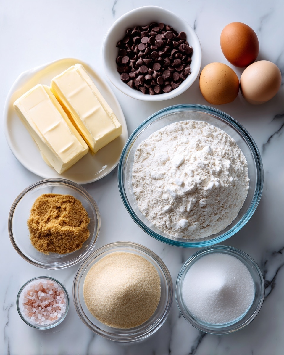 The image shows a clean, organized scene on a white marbled background with nine clear glass bowls and containers arranged neatly. At the top left, two sticks of cream-colored butter rest side by side, and next to them is a small white bowl filled with dark brown chocolate chips. To the right, two raw eggs sit inside a white bowl. Moving downwards, a large glass bowl full of white flour is positioned left of center. Below the flour, a small glass bowl contains a golden brown sugar-like substance. To the right, a white bowl with a smooth beige powder is placed next to a smaller bowl of white granulated sugar, and beside it, a bowl with light pink salt completes the bottom row. The scene is softly lit with natural light, and a woman's hand is not present in the image. photo taken with an iphone --ar 4:5 --v 7