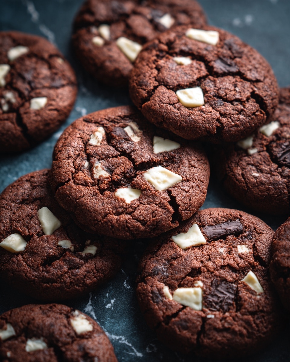 The image shows multiple round chocolate cookies lying flat on a dark surface with a white marbled texture. Each cookie has a cracked texture on top, with small and large uneven chunks of white and dark chocolate embedded in the rich brown dough. The cookies have a slightly rough and crumbly look, and the white chocolate pieces contrast clearly against the dark chocolate cookie base, scattered unevenly on the top layer. The cookies fill the frame closely, appearing soft and thick. photo taken with an iphone --ar 4:5 --v 7