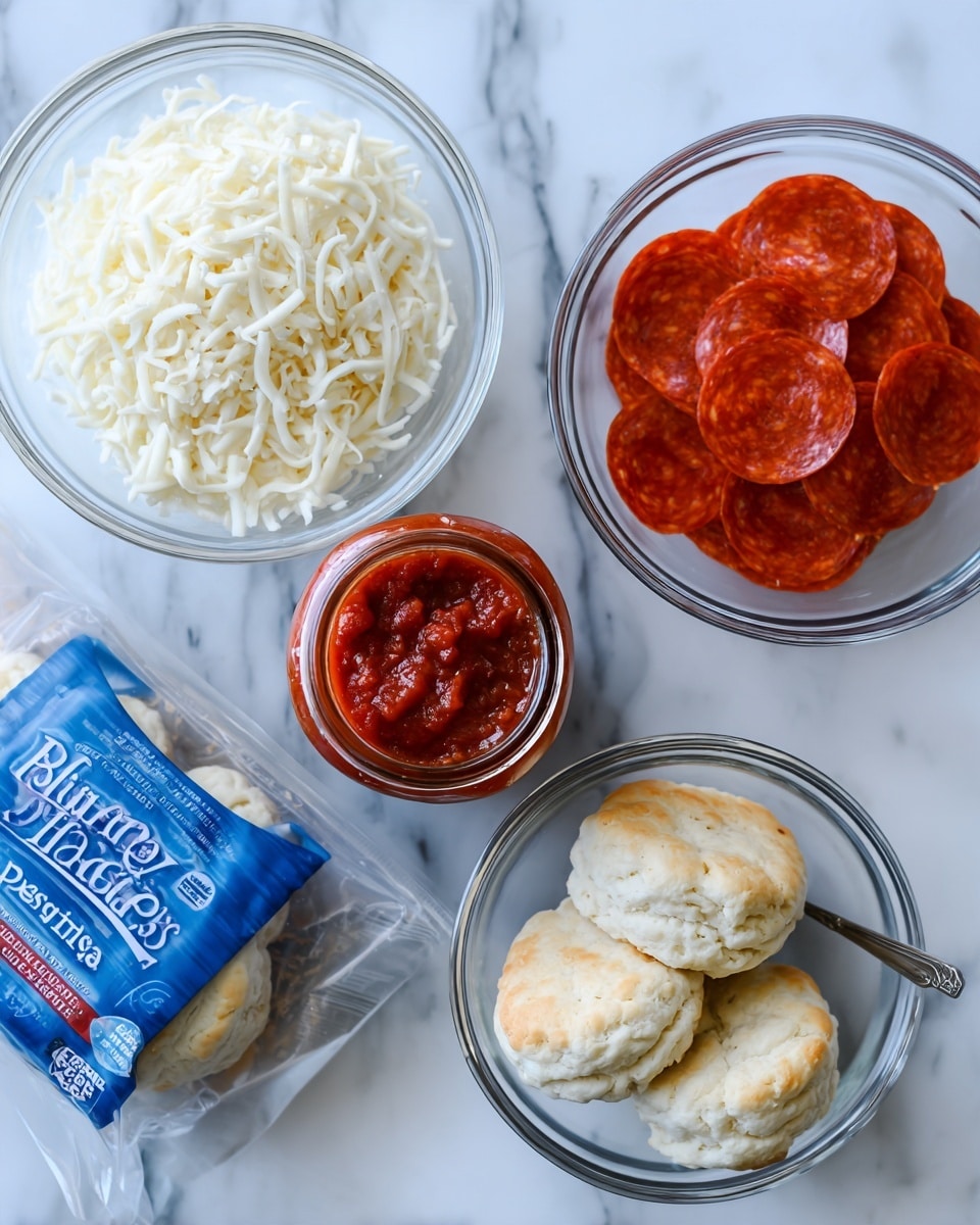 The image shows three clear glass bowls and a package of biscuits arranged on a white marbled surface. The top bowl contains shredded white cheese with a soft texture filling the bowl evenly. The bowl to the right holds several red slices of pepperoni, layered overlapping slightly each other. Below these bowls is a jar of red chunky marinara sauce with a spoon beside it on the marble surface. To the left, a blue package of flaky biscuits rests unopened, adding a pop of color. Photo taken with an iphone --ar 4:5 --v 7