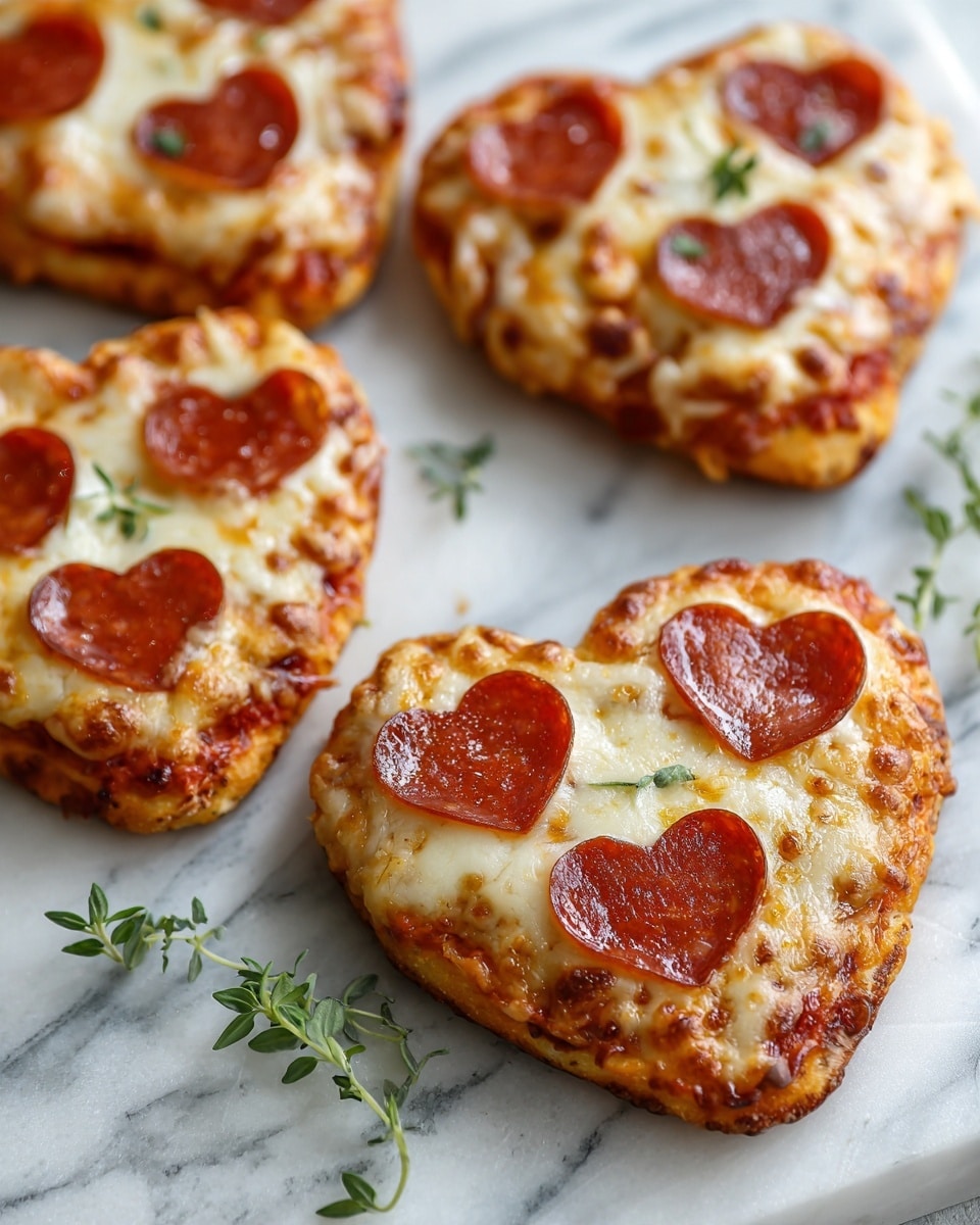 The image shows four small, heart-shaped pizzas on a white marble surface. Each pizza has a golden, slightly crispy crust and is covered with melted cheese that forms the top layer. There are slices of pepperoni placed on each pizza, some pieces in the shape of hearts on top of the cheese, creating a cute and inviting look. Small sprigs of green herbs are placed next to the pizzas, adding some color contrast. The overall look is warm, cheesy, and fresh. Photo taken with an iphone --ar 4:5 --v 7