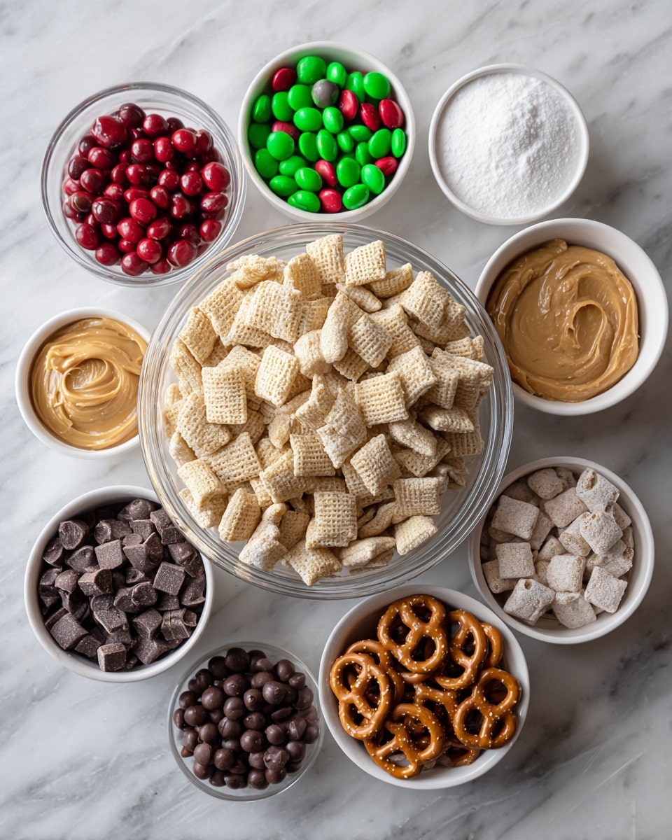 The image shows seven bowls arranged on a white marbled surface. In the center is a large clear bowl filled with square cereal pieces in a pale yellow color with a crunchy texture. Surrounding this bowl are six smaller white bowls: one contains red and green round candies with a shiny surface, another has light brown creamy peanut butter, a third holds white powdered sugar, a fourth is filled with small dark brown chocolate chips, a fifth bowl has mini pretzel pieces with a shiny, golden-brown color, and the sixth contains small round chocolate candies. The arrangement is neat with a balanced mix of colors and textures. photo taken with an iphone --ar 4:5 --v 7