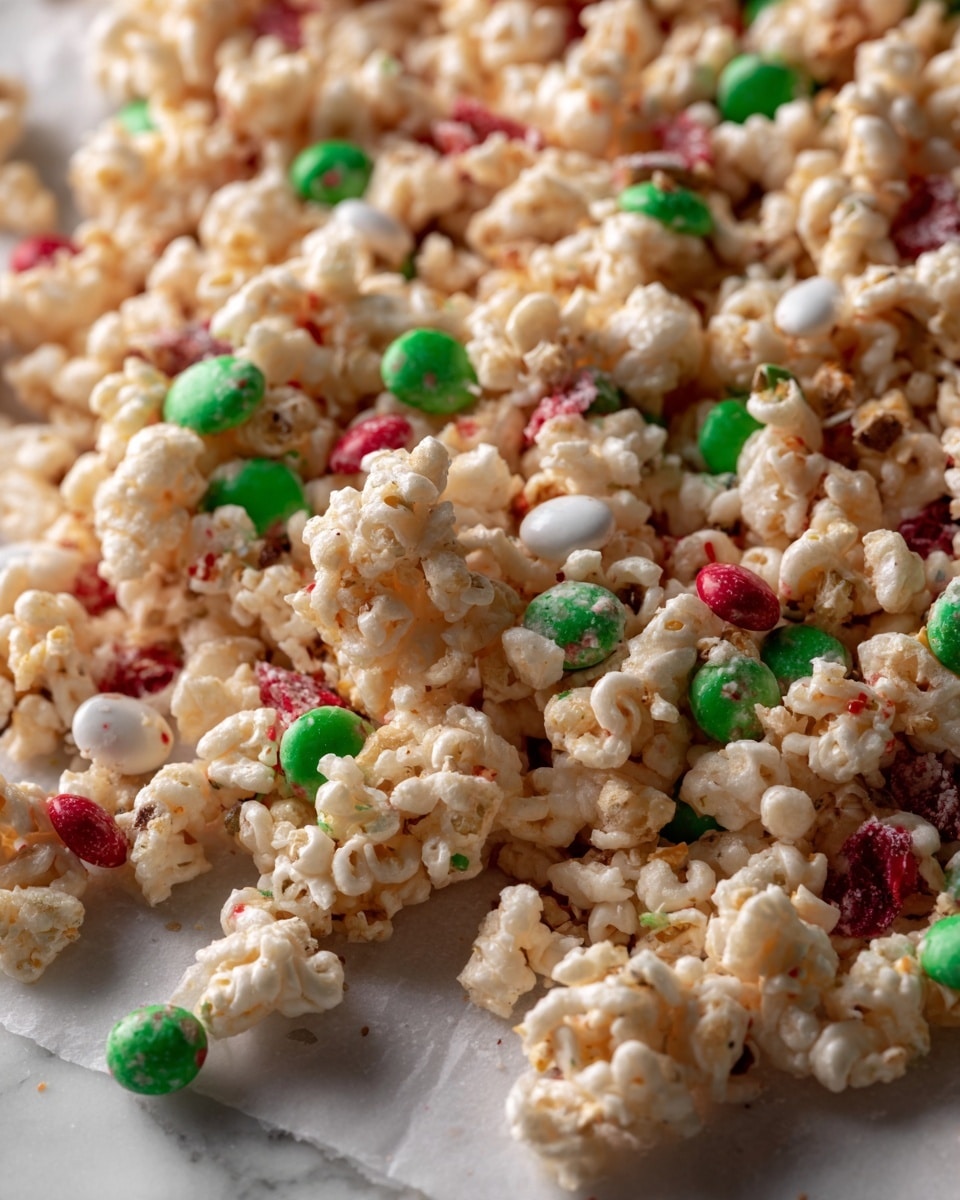The image shows a close-up of a mixture of cereal and candy on white parchment paper placed on a white marbled surface. The mix has multiple layers of puffed cereal pieces in light beige colors, with bright green, red, and white candy pieces scattered evenly throughout. The texture looks crunchy with small bits of nuts or seeds sprinkled here and there. The overall look is colorful but mostly pale with bursts of festive colors. photo taken with an iphone --ar 4:5 --v 7