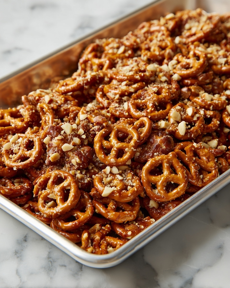 A large metal tray filled with many small, round pretzel snacks that are covered with a layer of golden brown caramel and sprinkled evenly with chopped nuts. The tray shows a slightly rough texture of caramel coating all over, with a mix of light and dark brown colors from the pretzels and nuts. The background is a white marbled surface. Photo taken with an iphone --ar 4:5 --v 7