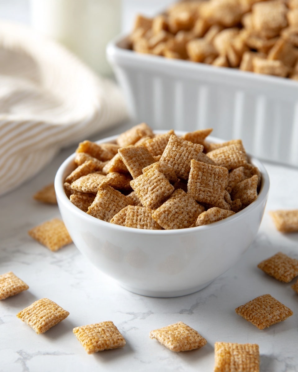 A white bowl filled with square cereal pieces with a woven texture, golden brown in color, placed on a white marbled surface. Around the bowl, some cereal pieces are scattered casually. Behind the bowl, there is a white rectangular container filled with more of the same cereal, slightly out of focus. The overall scene is bright and simple with natural light. Photo taken with an iphone --ar 4:5 --v 7