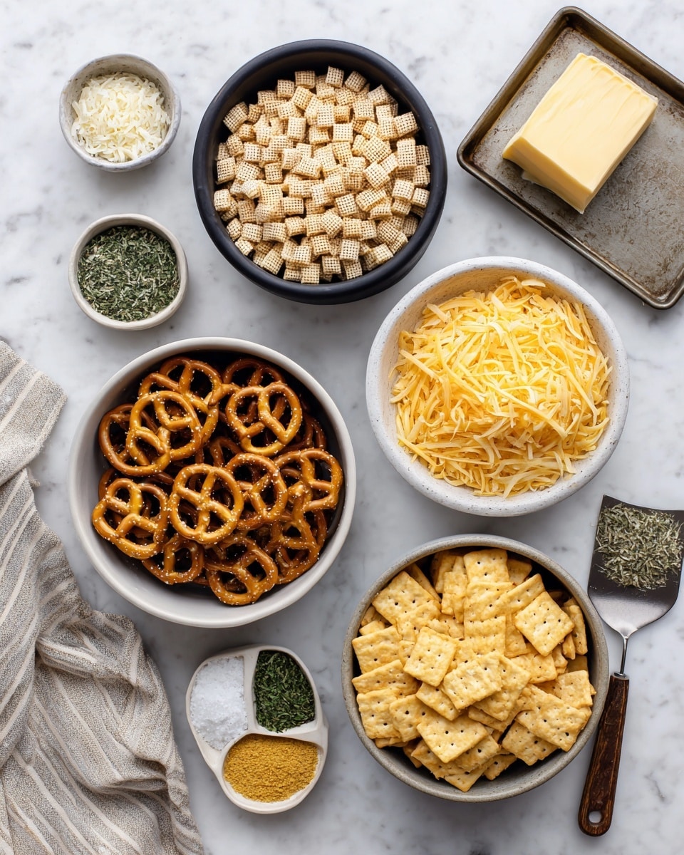 The image shows seven bowls and a stick of butter arranged on a white marbled surface. At the top center, a black bowl is filled with small, square, beige mesh cereal pieces. To the right, a small white bowl with a gray rim contains finely grated yellow cheese. Below and left, a white bowl holds many small twisted pretzels with a shiny brown surface and visible salt grains. To the right, another white bowl with a gray rim holds pale hexagon-shaped crackers. Below, a black bowl is full of square yellow crackers with small holes in the center. At the bottom left, a small white bowl with a gray rim is divided visually into four sections containing green herbs, white powder, and yellow powders. To the top right, a butter stick, partially unwrapped, sits next to a metal baking sheet and a spatula with a wooden handle and dark gray top. A beige striped cloth is slightly visible at the bottom left corner. photo taken with an iphone --ar 4:5 --v 7