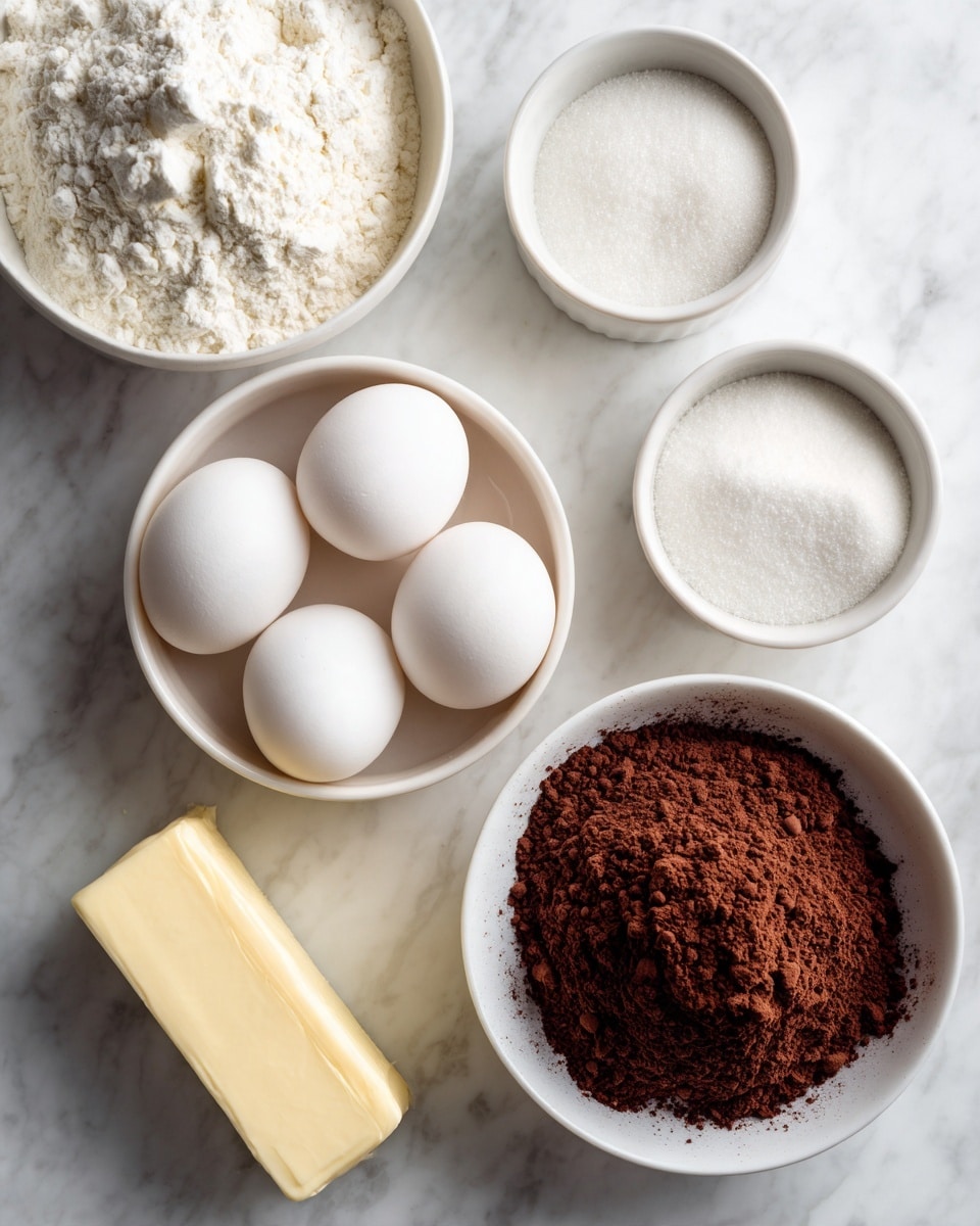 The image shows five white eggs in a round white bowl positioned in the middle left. Above them, there is a small white bowl filled with white powder, likely flour. To the right of the eggs, a small white bowl contains white granulated sugar. At the bottom left, a rectangular stick of butter with a soft yellow color rests on the white marble surface. The biggest white bowl is at the bottom right, filled with fine dark brown crumbs, likely cocoa powder. All bowls and items are on a white marbled surface, and a woman's hand is not visible in the image. photo taken with an iphone --ar 4:5 --v 7