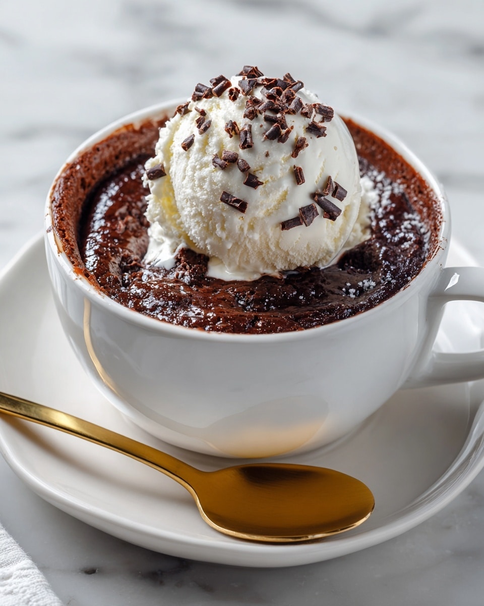 A white bowl filled with a rich, dark brown chocolate dessert that looks soft and moist at the bottom and sides, topped with a large scoop of creamy white vanilla ice cream. The ice cream is sprinkled with small, thin, dark chocolate shavings. The bowl sits on a white plate with a shiny gold spoon beside it, all on a white marbled surface. Photo taken with an iphone --ar 4:5 --v 7