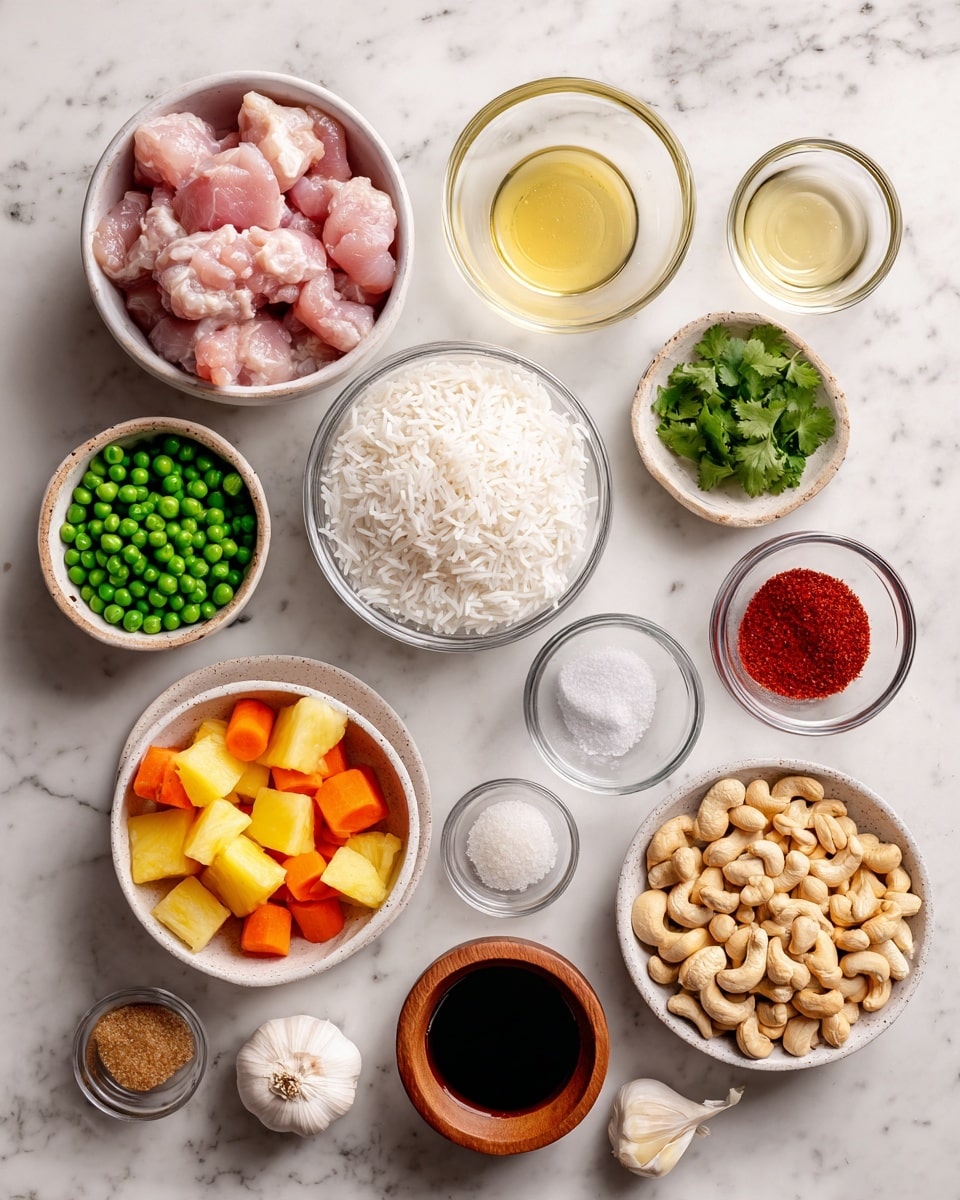 Several small white bowls and clear glass bowls are arranged on a white marbled surface, each containing different cooking ingredients. Starting from the top left, there is a white bowl filled with raw pink chicken pieces, followed by a clear glass bowl of white cooked rice in the center. To the right, a small clear glass bowl with a pale yellow liquid, likely oil, and a small white bowl with green fresh cilantro leaves. Below the rice is a white bowl with bright orange carrot sticks mixed with green peas, and next to it a small beige bowl filled with whole light brown cashew nuts. Bottom right, a white plate holds various spices: a red sauce blob, white salt, brown sugar, and a grayish powder. There is also a small brown wooden bowl with two garlic cloves, a white bowl of yellow pineapple chunks, and three small clear glass bowls with different dark and light sauces. Photo taken with an iphone --ar 4:5 --v 7