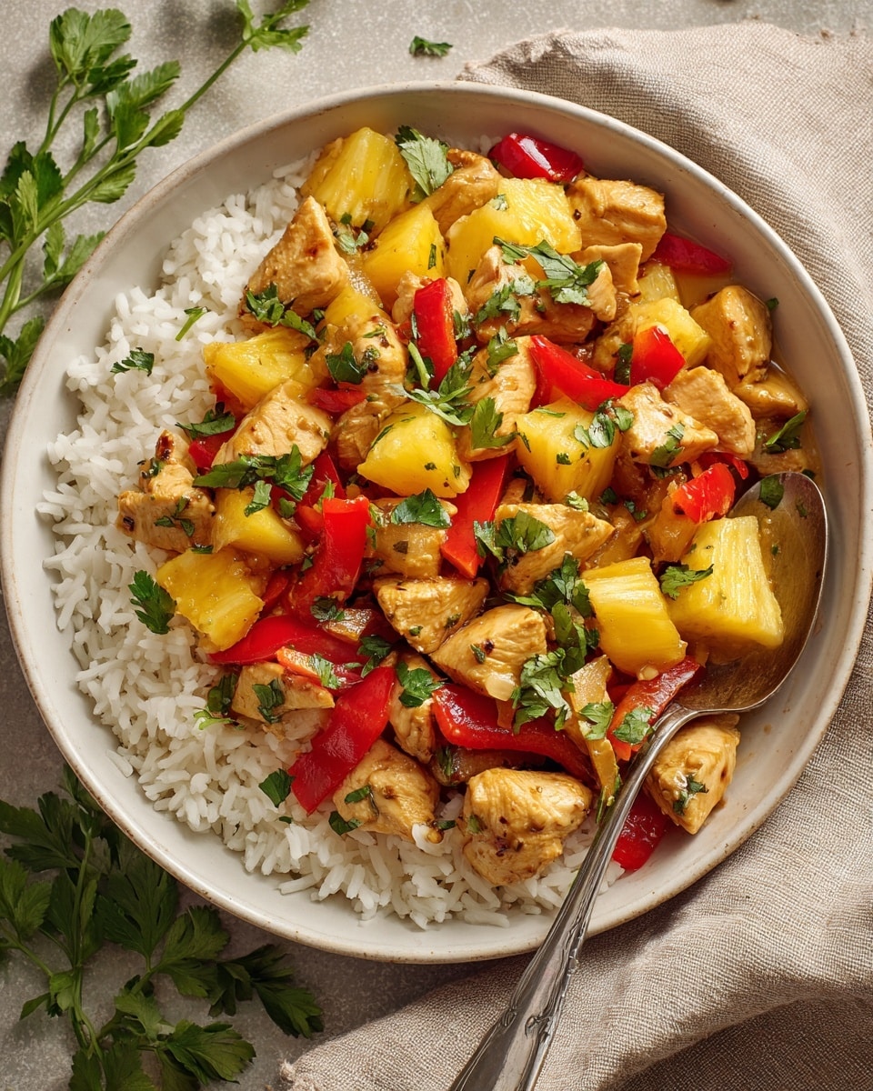 A white bowl filled with a base layer of fluffy white rice, topped with bright yellow pineapple chunks and vibrant red bell pepper pieces mixed with golden-browned cooked chicken pieces, all garnished with fresh green cilantro leaves scattered on top. A silver spoon rests inside the bowl, and the bowl is placed on a neutral beige surface with a beige cloth napkin next to it. The background includes blurred green herbs. Photo taken with an iphone --ar 4:5 --v 7