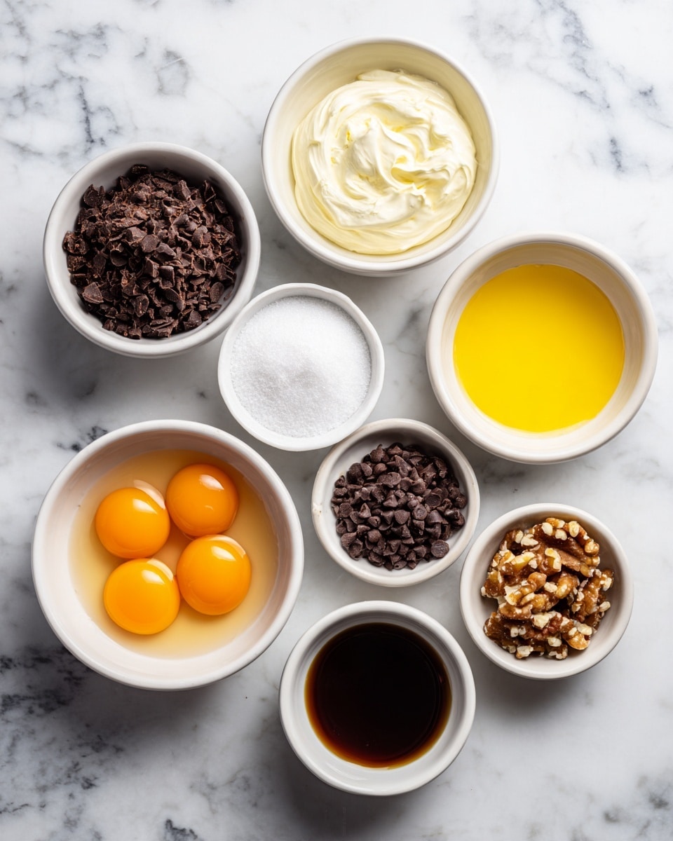 On a white marbled surface are seven white bowls arranged in a loose circle. One bowl contains dark brown chocolate chips with a rough texture. Next to it is a bowl filled with smooth, creamy white frosting. Another bowl holds thick, pale yellow liquid. There is a bowl with three bright orange egg yolks with a glossy surface. A small bowl in the center is filled with granulated white sugar. Next to it is a bowl of chopped brown nuts with a chunky texture. The last bowl contains a dark brown liquid, likely vanilla extract. Photo taken with an iphone --ar 4:5 --v 7