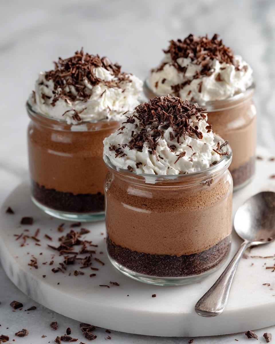 Three small glass jars filled with two layers of chocolate mousse visible: a thick, smooth light brown bottom layer and a similarly textured lighter brown top layer. Each jar is topped with a dollop of white whipped cream, covered with dark brown chocolate curls evenly spread on top. The jars rest on a round white marbled tray placed on a white marbled surface sprinkled with chocolate pieces. A silver spoon lies on the surface near the front jar. Soft natural light highlights the creamy textures, giving a fresh and inviting look. photo taken with an iphone --ar 4:5 --v 7