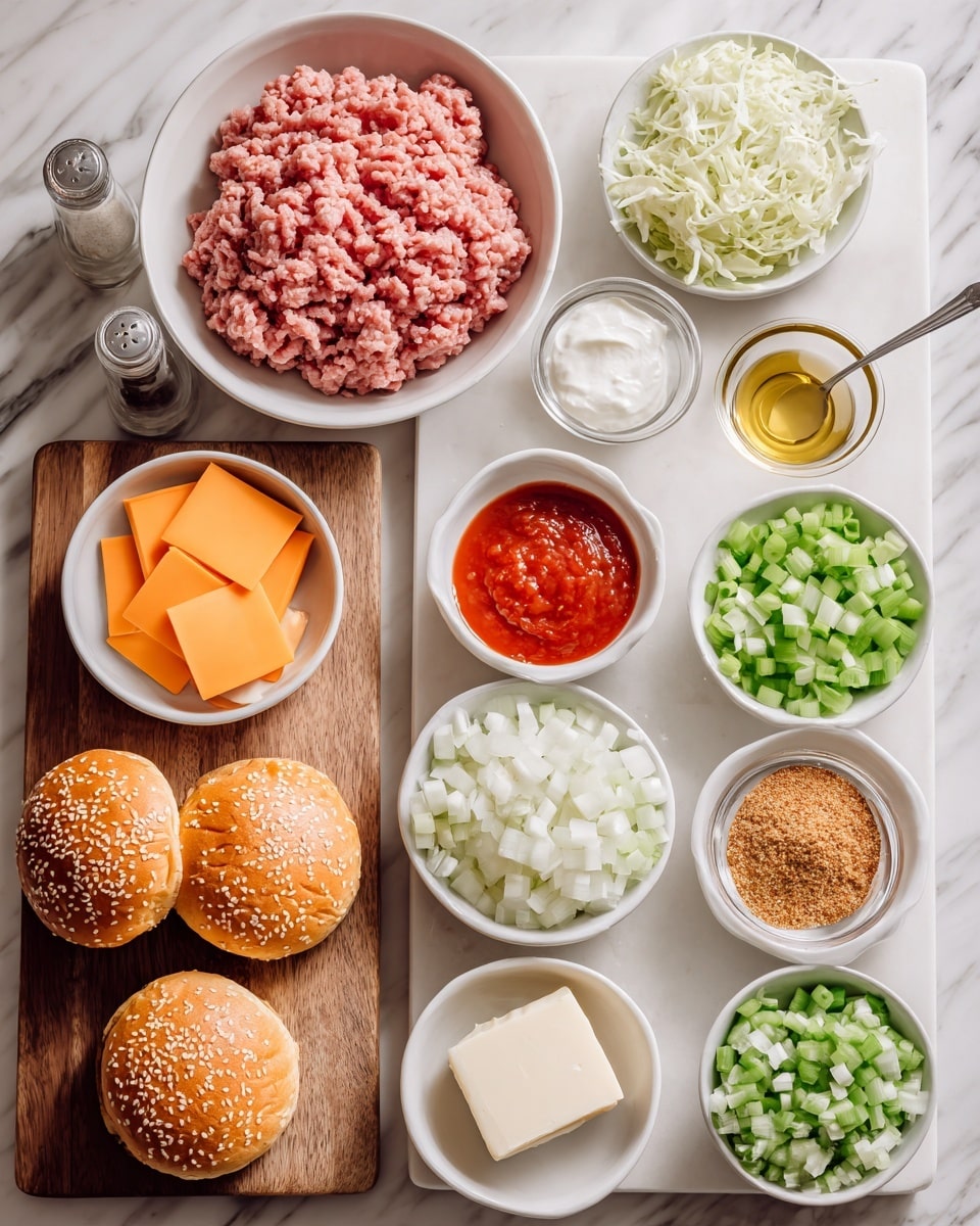 The image shows different ingredients neatly placed on a white marbled surface. There are four golden brown sesame seed burger buns in the bottom left corner on a wooden board. Next to the buns, there is a small white bowl with four square orange cheese slices. Above the buns, a large white bowl holds a mound of raw ground light pink meat. Surrounding this bowl are smaller white bowls filled with various chopped vegetables: white onions, light green celery, and darker green celery pieces. Additional small white bowls contain a pile of red spices, chopped garlic, red tomato sauce, light brown breadcrumbs, and a few other ingredients including creamy white sour cream, shredded coleslaw, shredded green lettuce, salt, a small amount of orange hot sauce, a pale yellow stick of butter, and a small glass bowl of light oil. Everything is organized neatly, showing fresh and colorful ingredients for making a dish, photo taken with an iphone --ar 4:5 --v 7