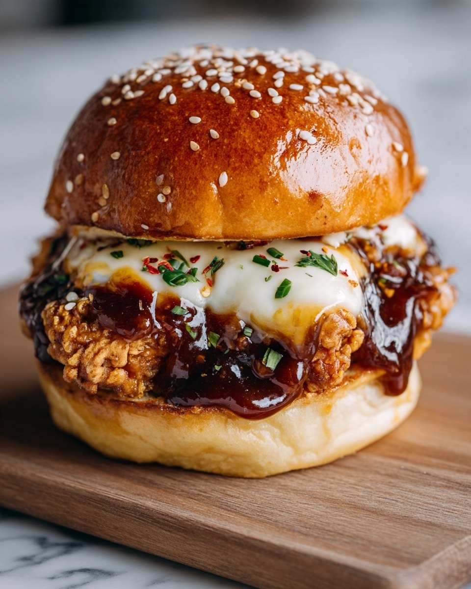 A close-up of a sandwich with three layers inside a shiny, golden-brown sesame seed bun. The bottom bun is soft and light beige. On top of it, there is crispy fried chicken coated in a sticky, dark brown sauce. Over the chicken, there is a layer of melted white and yellow cheese, sprinkled with small red flakes and chopped green herbs. The top bun is glossy and sprinkled with white sesame seeds. The sandwich is placed on a wooden board with a faint white marbled texture visible in the background. photo taken with an iphone --ar 4:5 --v 7