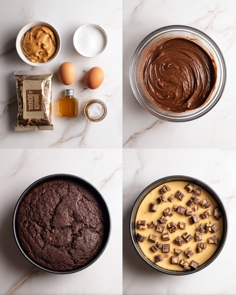 The image shows four pictures in a grid on a white marbled surface. The first picture has ingredients arranged neatly: a small white bowl with peanut butter, two eggs, a bag of brownie mix, a small bottle of vanilla, and a clear glass bowl with sugar. The second picture shows a glass bowl with chocolate batter, smooth and well mixed, from above. The third picture has a round black cake pan with a thick, dark brown baked chocolate cake that looks soft and moist. The fourth picture shows the same black pan on a white marbled surface, now filled with a light yellowish dough base topped with small pieces of chopped peanut butter cups scattered evenly. Photo taken with an iphone --ar 4:5 --v 7