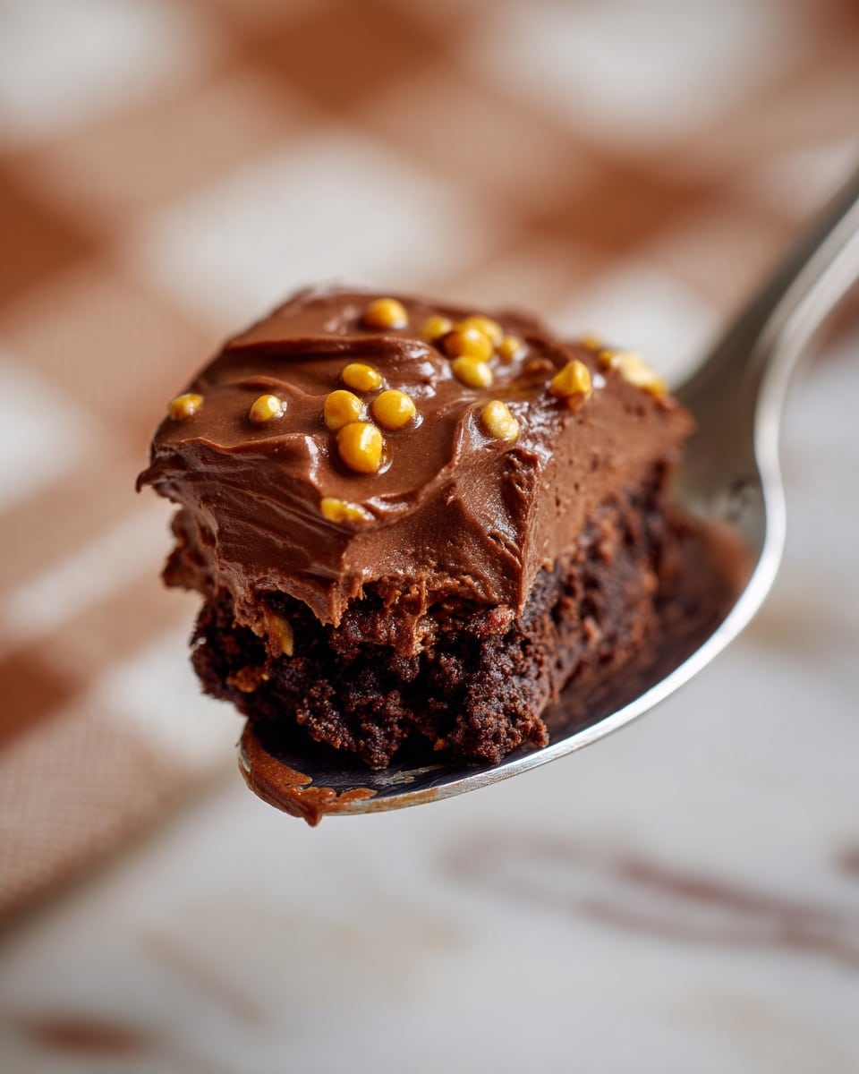 A close-up of a spoonful holding a rich, dark brown chocolate dessert with a thick smooth chocolate layer on top mixed with small bits of orange and yellow candy pieces. The texture shows some creamy and fudgy layers combined with chunks of moist chocolate cake beneath. The background features a white marbled surface with a soft brown and white checkered cloth slightly blurred. Photo taken with an iphone --ar 4:5 --v 7