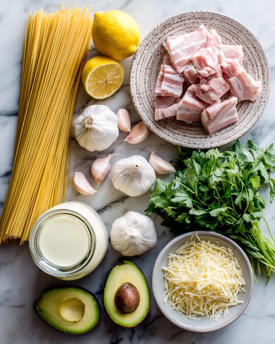The image shows raw cooking ingredients arranged neatly on a white marbled surface. There is a bundle of uncooked light yellow spaghetti on the left side, next to several peeled light pink garlic cloves spread out. A bright yellow lemon half sits near the center, above a small textured plate holding pale pink and white pieces of raw bacon. To the right of the bacon, a bunch of fresh green herbs with leafy texture adds color. In the lower part of the image, there is a bottle of white sauce or dressing, and two avocado halves, one with a large brown seed and the other empty, showing smooth green flesh. A small white bowl filled with finely shredded pale yellow cheese completes the setup near the bottom right. photo taken with an iphone --ar 4:5 --v 7