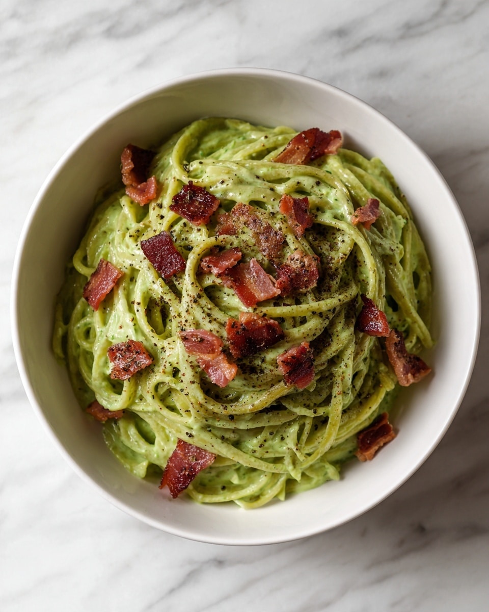 A bowl of green pasta noodles coated with creamy green sauce piled high in the center of a white bowl. Small pieces of crispy reddish-brown bacon are scattered evenly on top of the pasta. The dish is sprinkled with coarse black pepper, adding texture and color contrast. The white bowl sits on a white marbled surface, enhancing the fresh look of the green pasta and bacon. photo taken with an iphone --ar 4:5 --v 7