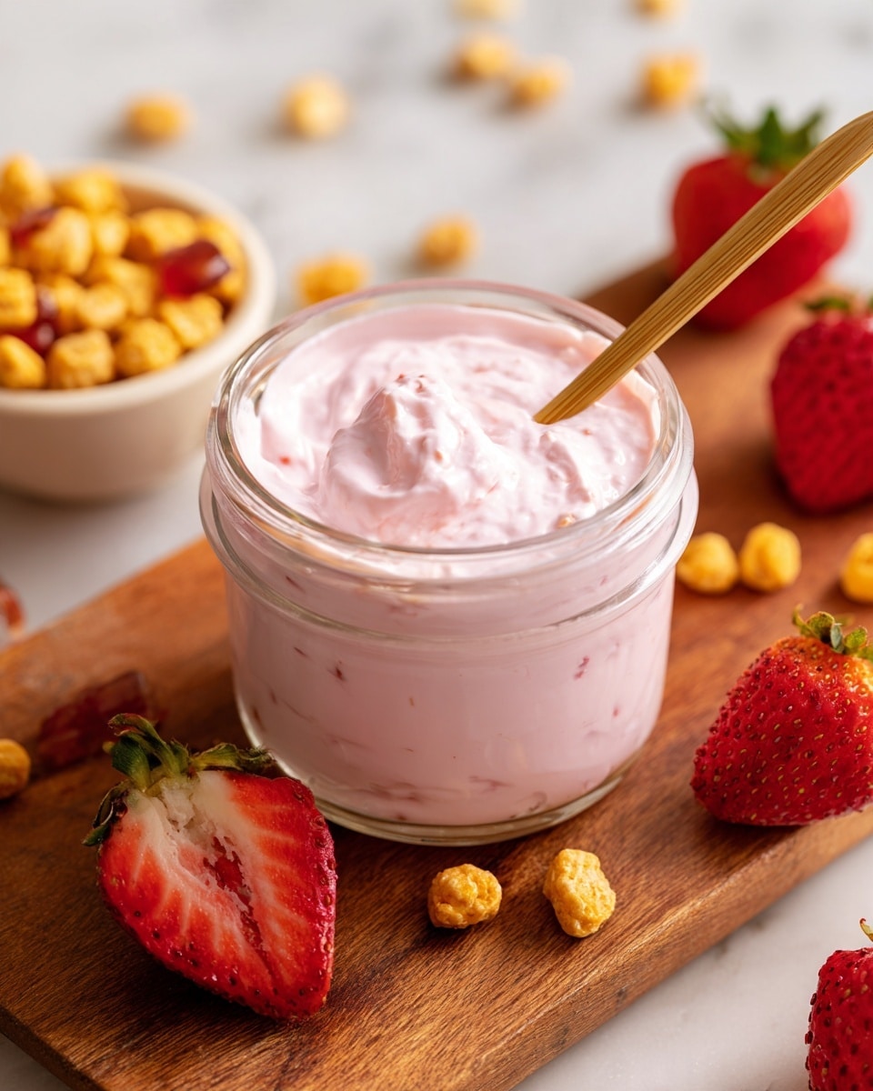 A small clear glass jar filled with a thick, creamy light pink yogurt with tiny fruit bits inside, placed in the center of a wooden surface. A light-colored wooden spoon is inserted into the yogurt, its round tip partially covered by the creamy layer. Around the jar, fresh red strawberries, some whole and some sliced to show their juicy red inside, are scattered. On the left side, part of a white round bowl with different textures of small yellow and brown snacks is visible. The whole scene is set on a white marbled surface photo taken with an iphone --ar 4:5 --v 7